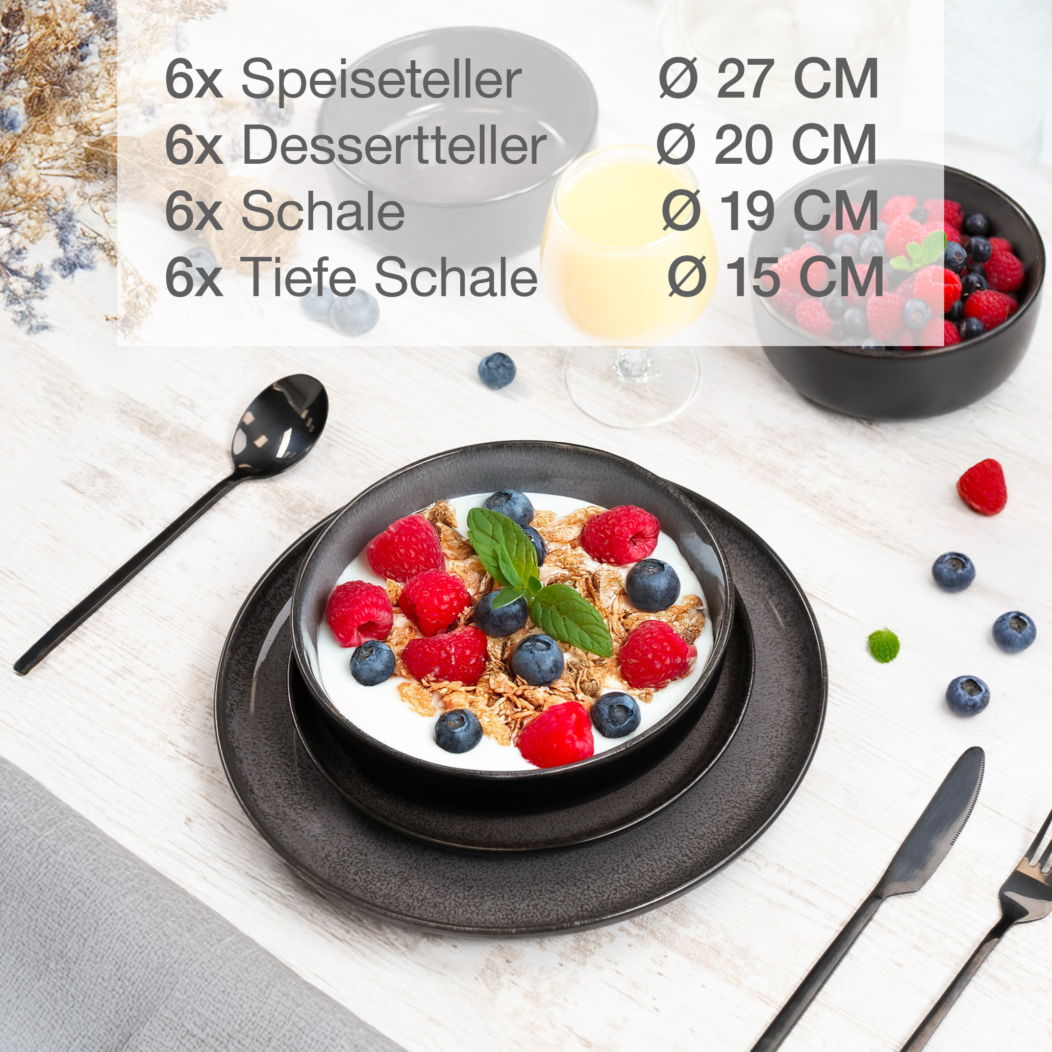 VIDA 24-teilig Geschirrset mit Müslibowls Anthrazit