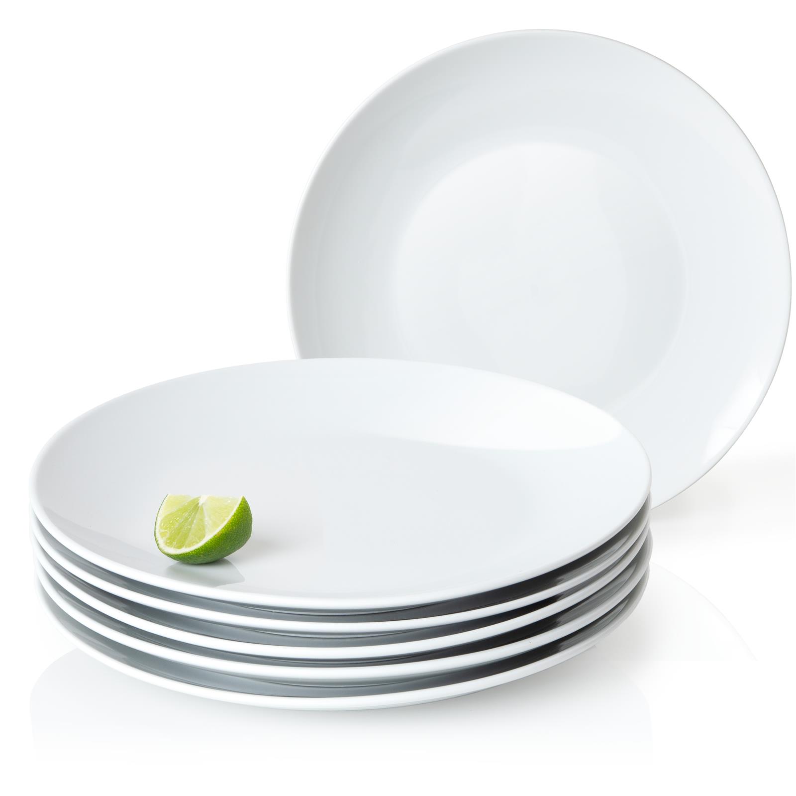 6-teiliges Set aus weißen, Porzellan-Dinnertellern, auf gedecktem Tisch bei Tageslicht
