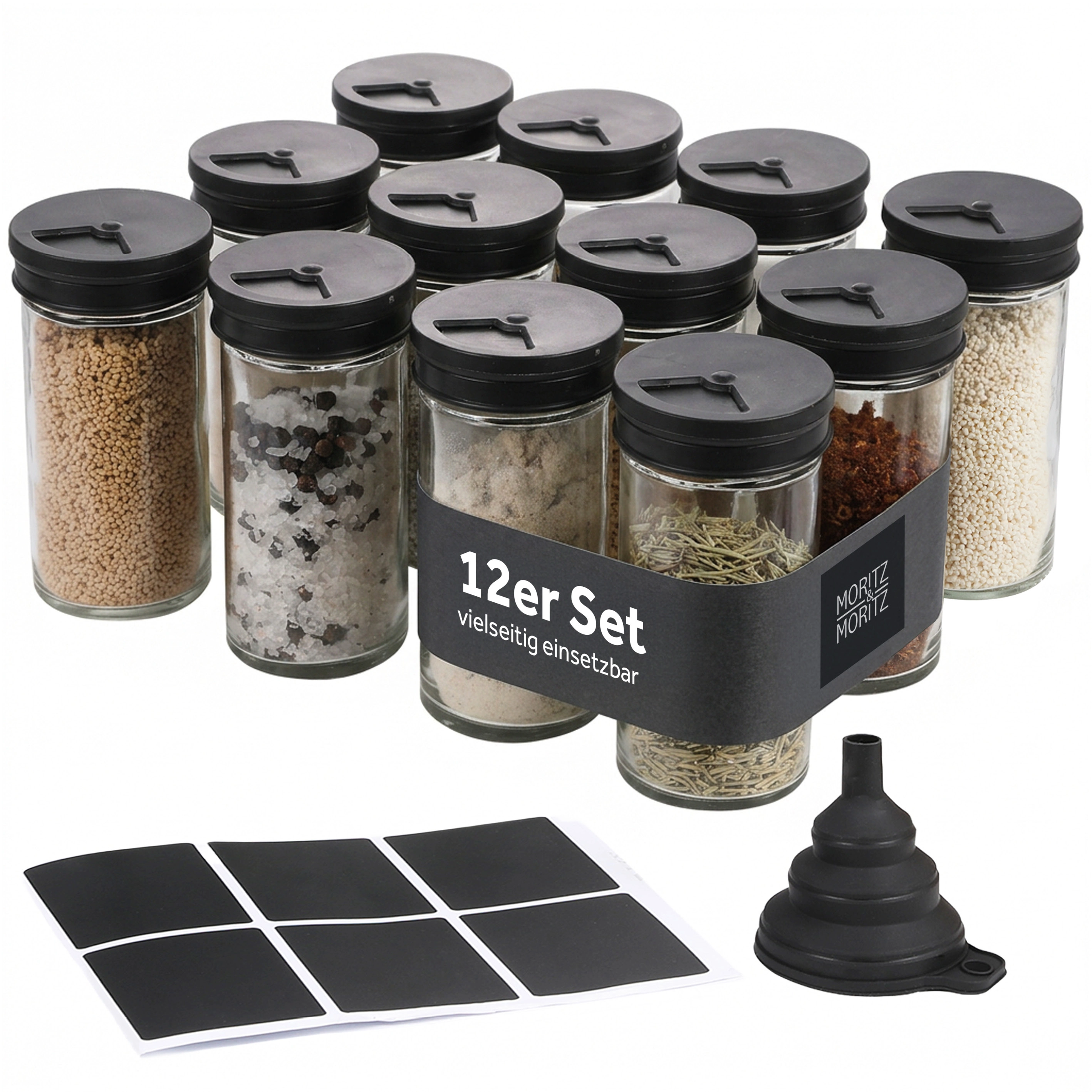 Gewürzgläser 12er Set mit 80 ml, vor weißem Hintergrund