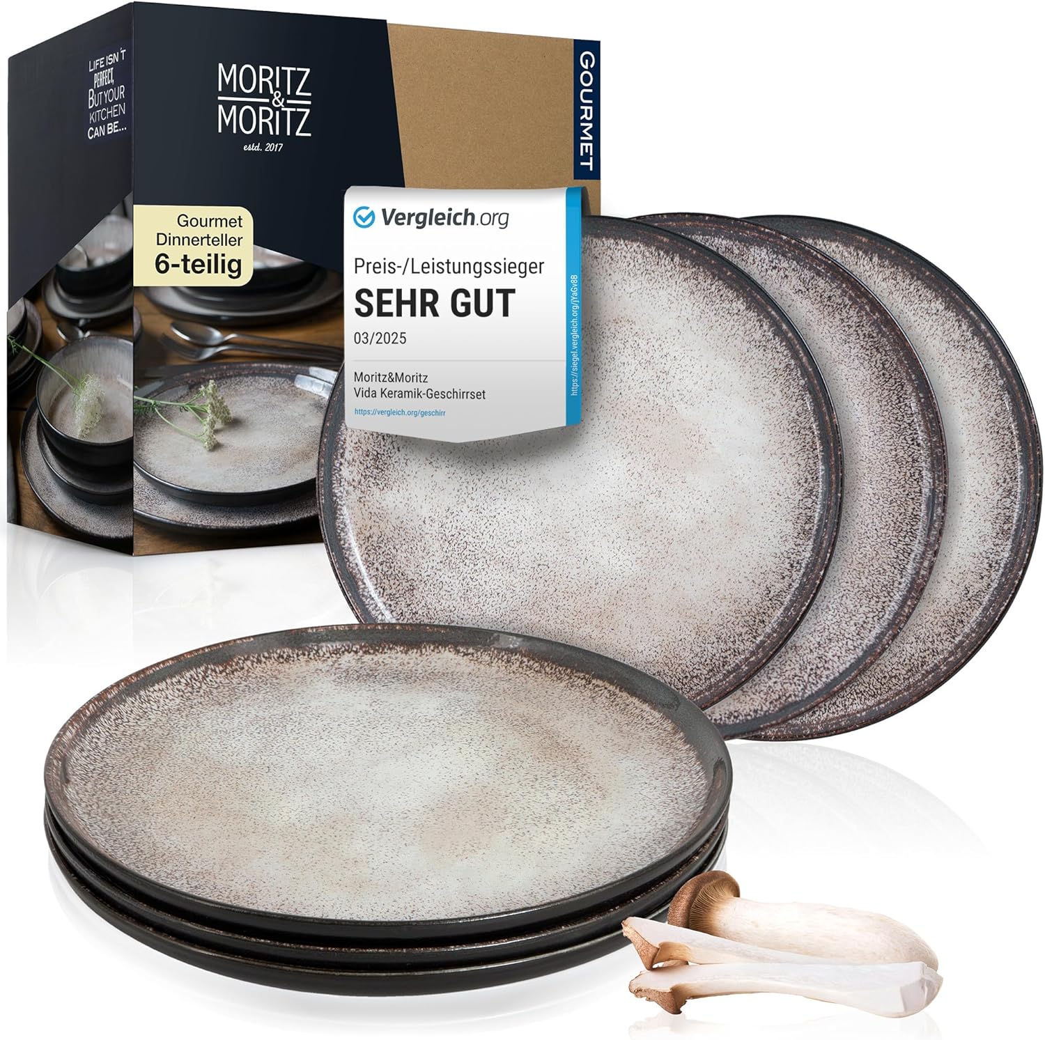 VIDA 6x Dinner Teller beige Geschirr Set, vor weißem Hintergrund
