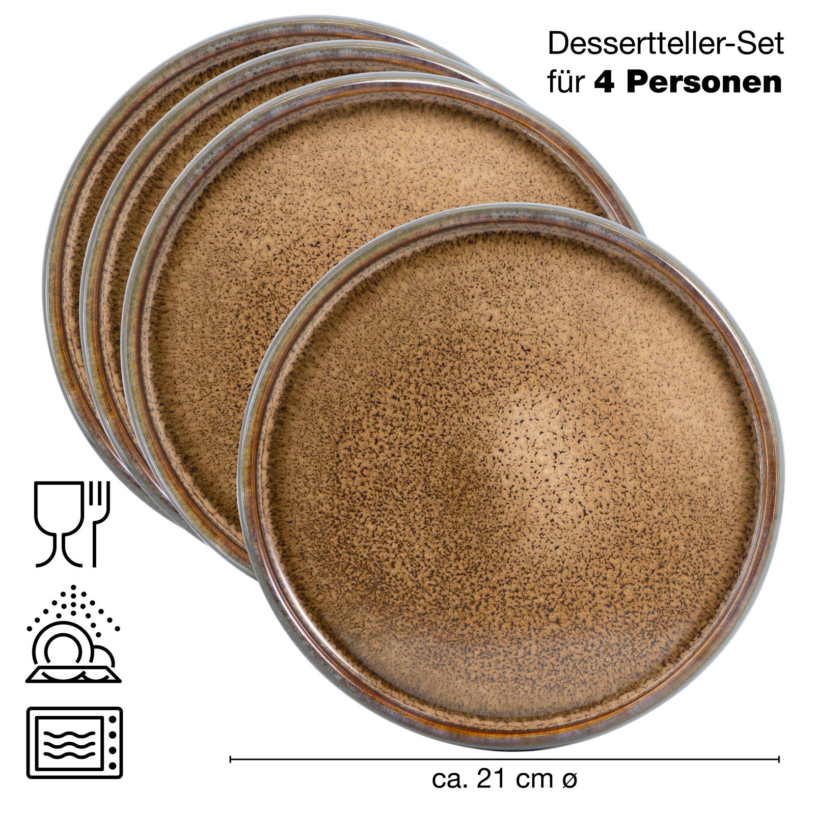 Vierteilige Gourmet-Dessertteller-Set in reaktiver beige Glasur, präsentiert auf einem Bild, 4-teilig