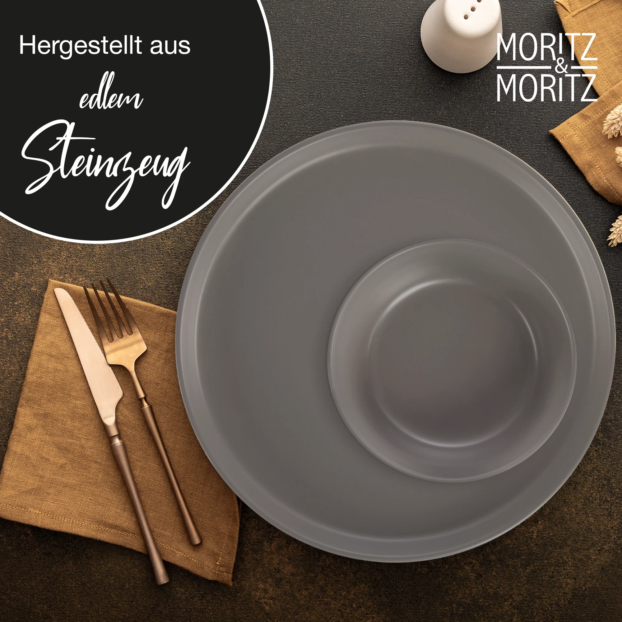 NORDIC 18-teilig Tafel – Service Geschirr Set Grau, ein rechteckiges Holzbrett mit umlaufendem Saftrillenrand