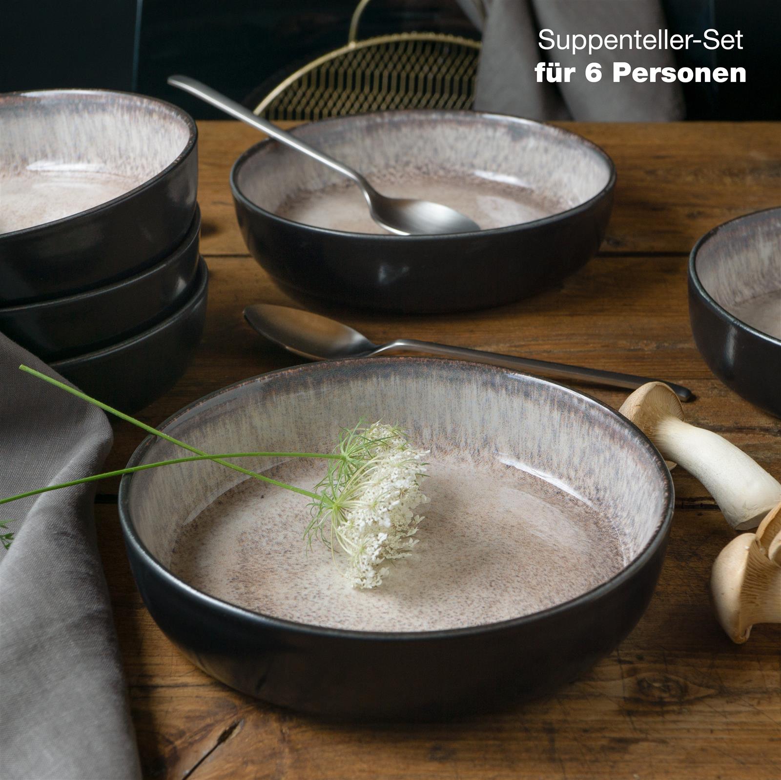 Tellerset in Beige, Sechsteiliges Gourmet Suppenteller-Set in Beige auf weißem Hintergrund, bestehend aus tiefen