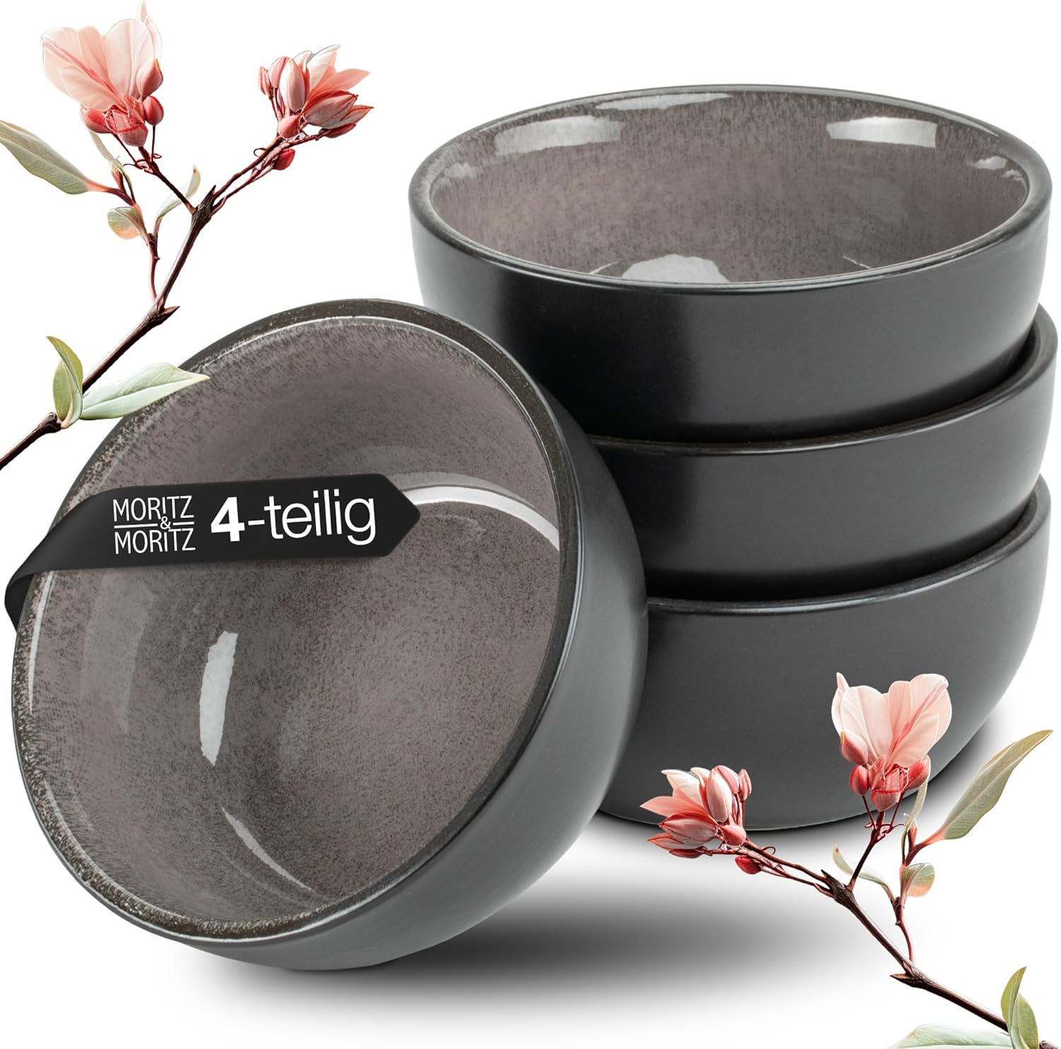 VIDA 4x Miso Schalen anthrazit Asia Geschirr Set, dunkelgraue Porzellanschüssel mit matter Oberfläche und leicht