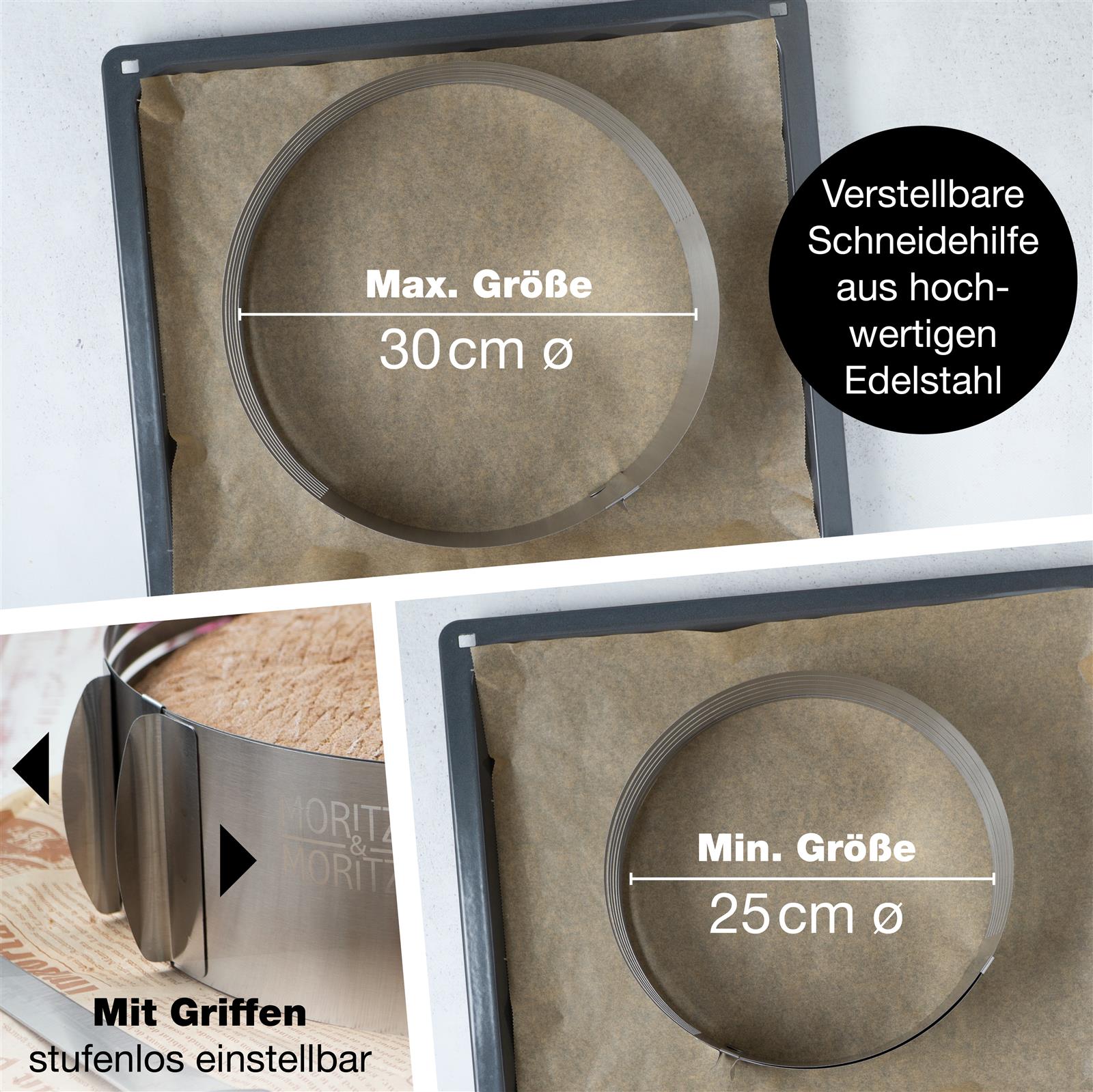 Ein rechteckiger Backrahmen mit bereits geschnittenen Schichten aus Biskuitkuchen und Sahnecreme, auf einem Backblech platziert, bereit zum Servieren oder Dekorieren.