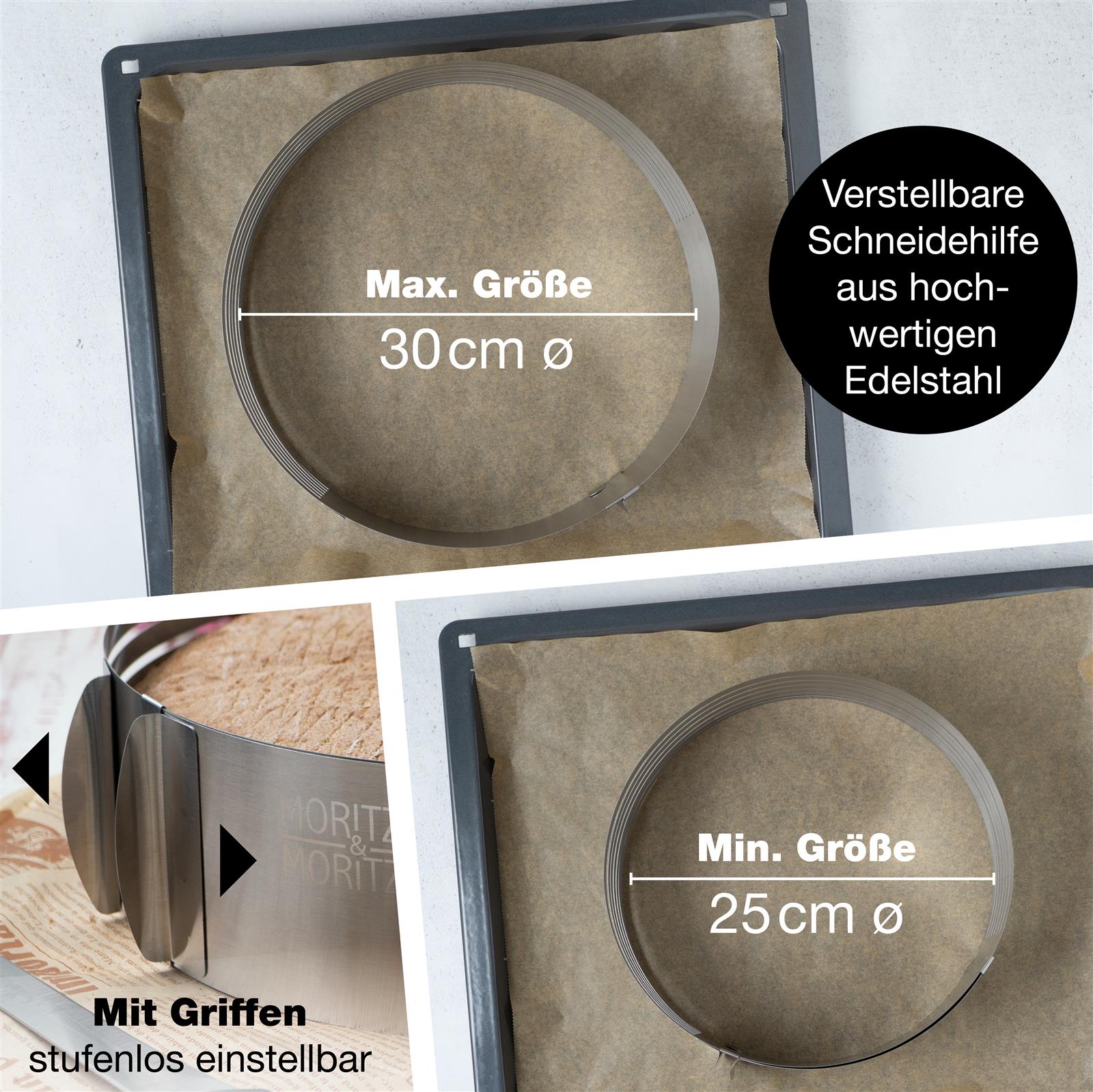 Ein rechteckiger Backrahmen mit bereits geschnittenen Schichten aus Biskuitkuchen und Sahnecreme, aus Edelstahl