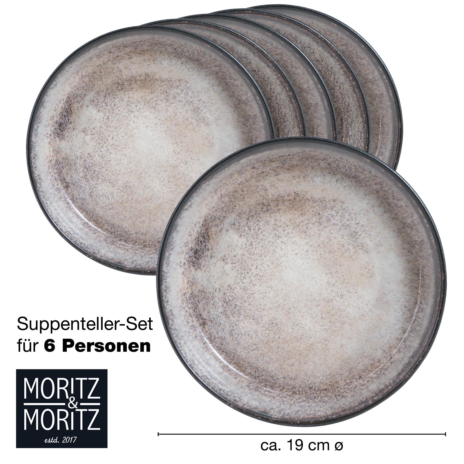 Sechsteiliges Gourmet-Suppenteller-Set in Beige mit feiner Steingut-Optik, arrangiert auf hellem Holztisch