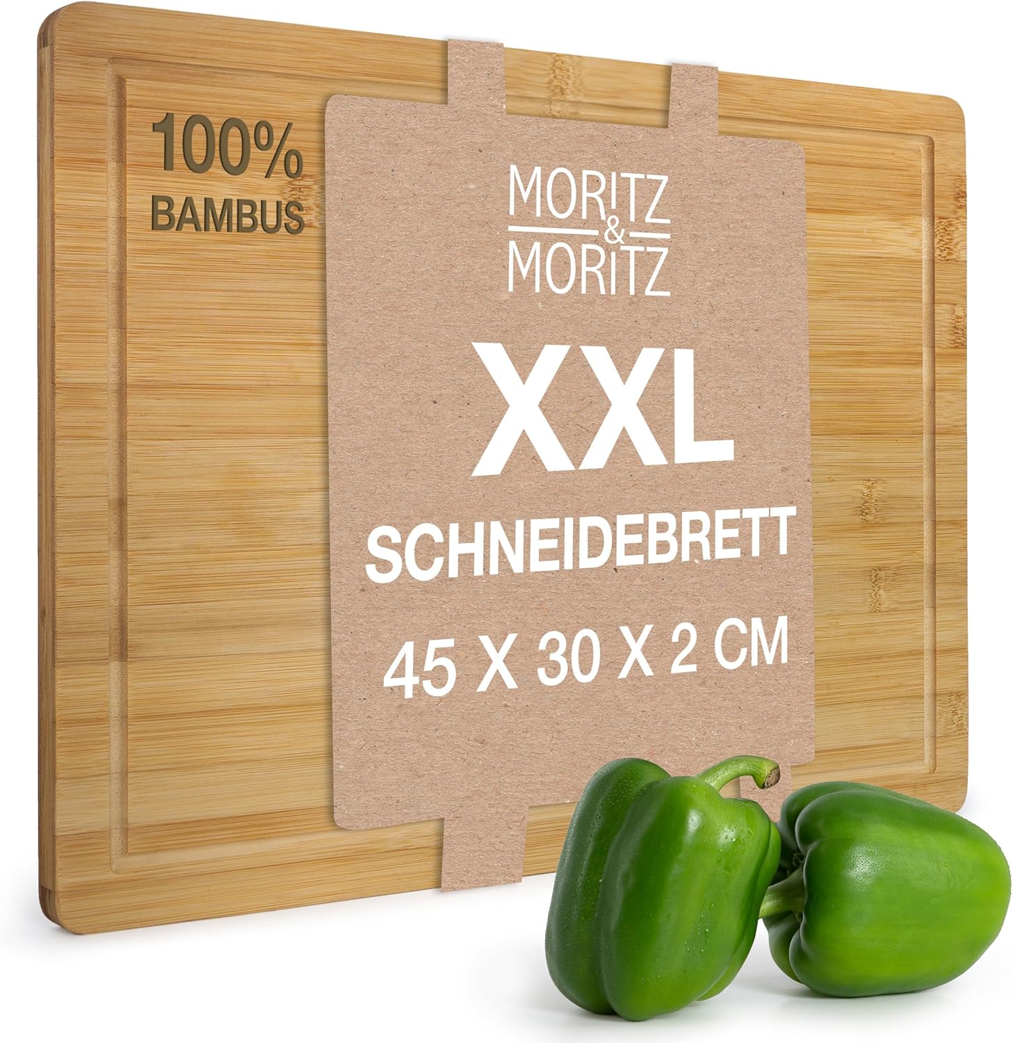 Schneidebrett aus Bambus – 45 x 30 x 1,9 cm, vor weißem Hintergrund