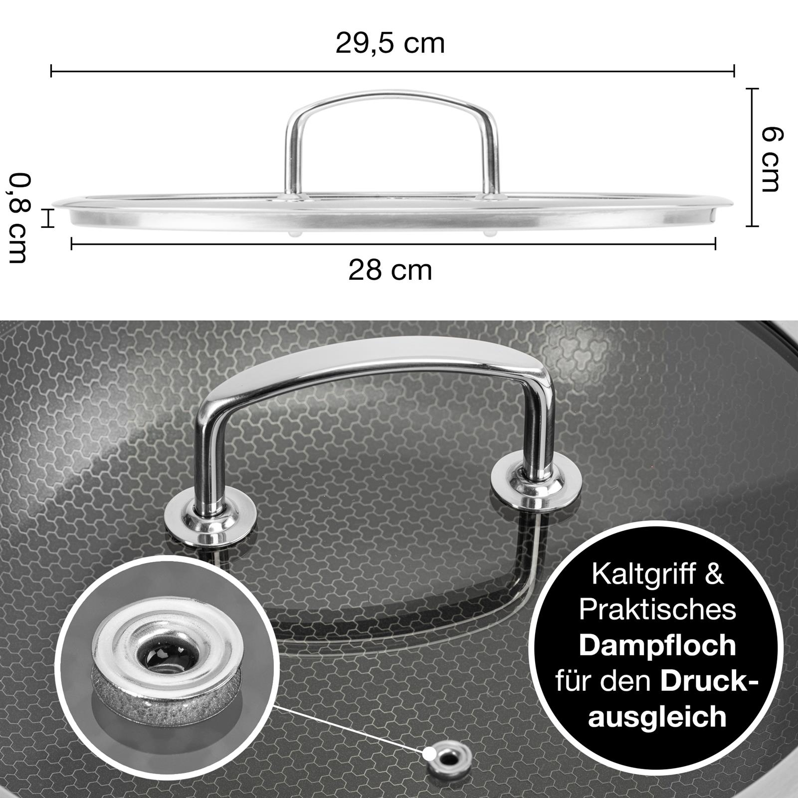 Pfannendeckel 28 cm aus Glas mit Edelstahlrand Pfannendeckel aus Glas, 28 cm Durchmesser, mit Edelstahlrand und Griff - Bildansicht für Koch- und Haushaltszubehör.