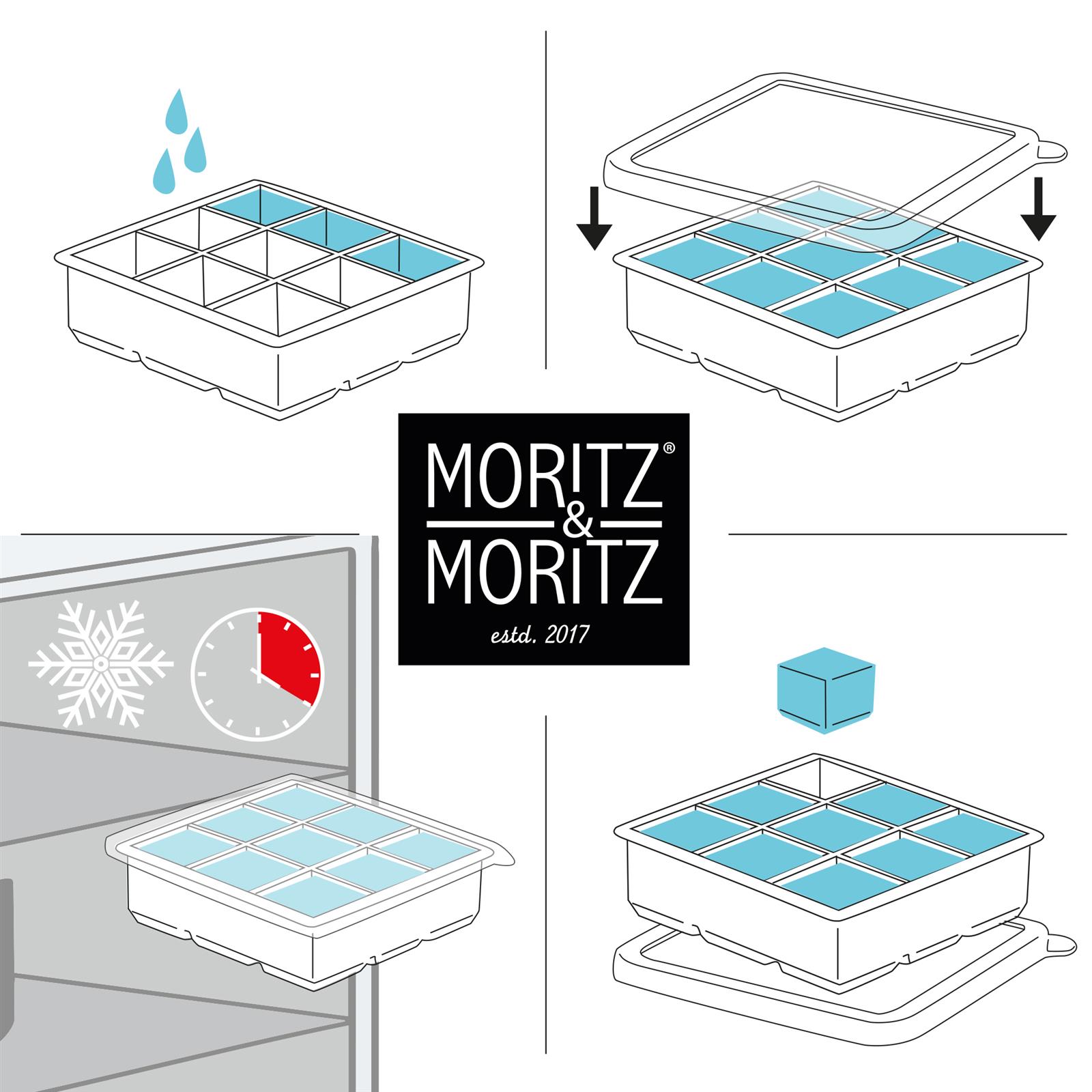 Moritz & Moritz Kitchen Eckige Eiswürfelform mit Deckel – 2er Set Eckige Eiswürfelform mit Deckel, aufgeteilt in 9 Fächer, geeignet zur Herstellung von Eiswürfeln, abgebildet in zwei Sets einer klaren Kunststoffform mit blauer Silikonabdeckung, von Moritz & Moritz.