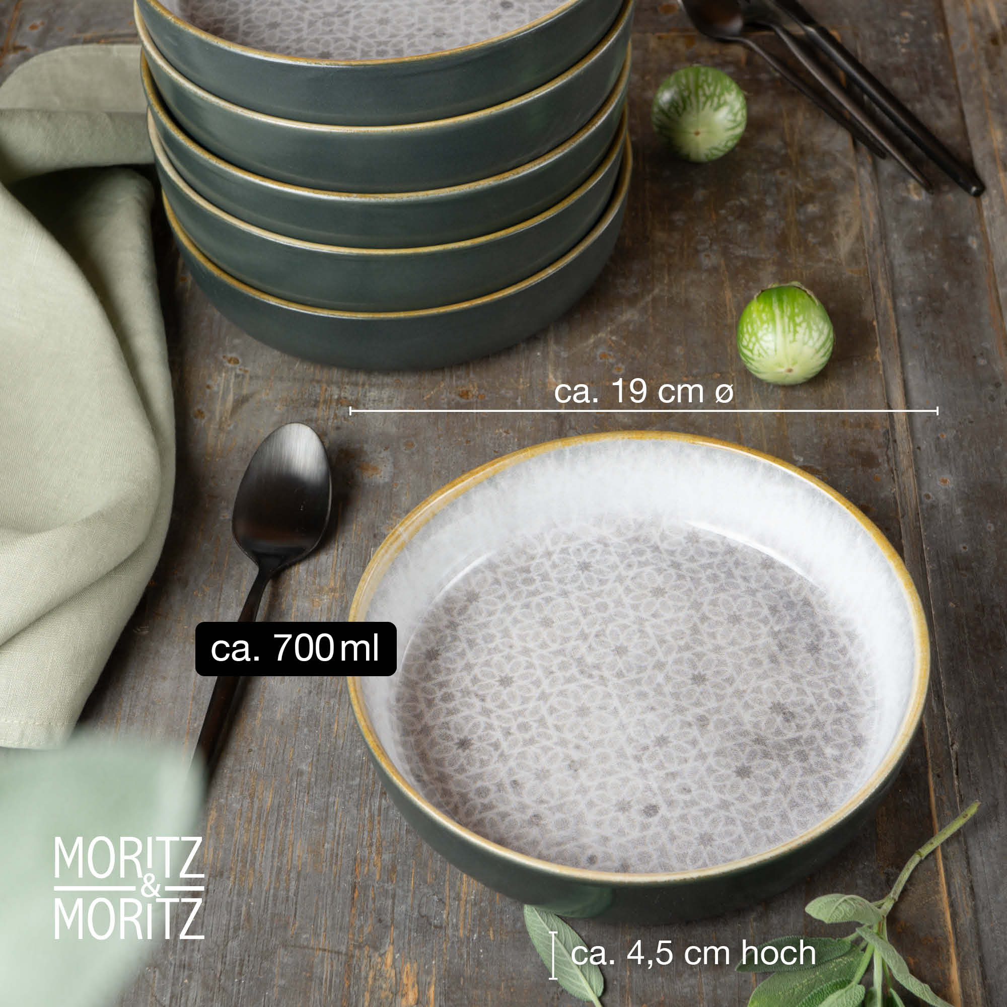 6-teiliges Set grauer mediterraner Suppenteller, Design-Elemente, Keramik