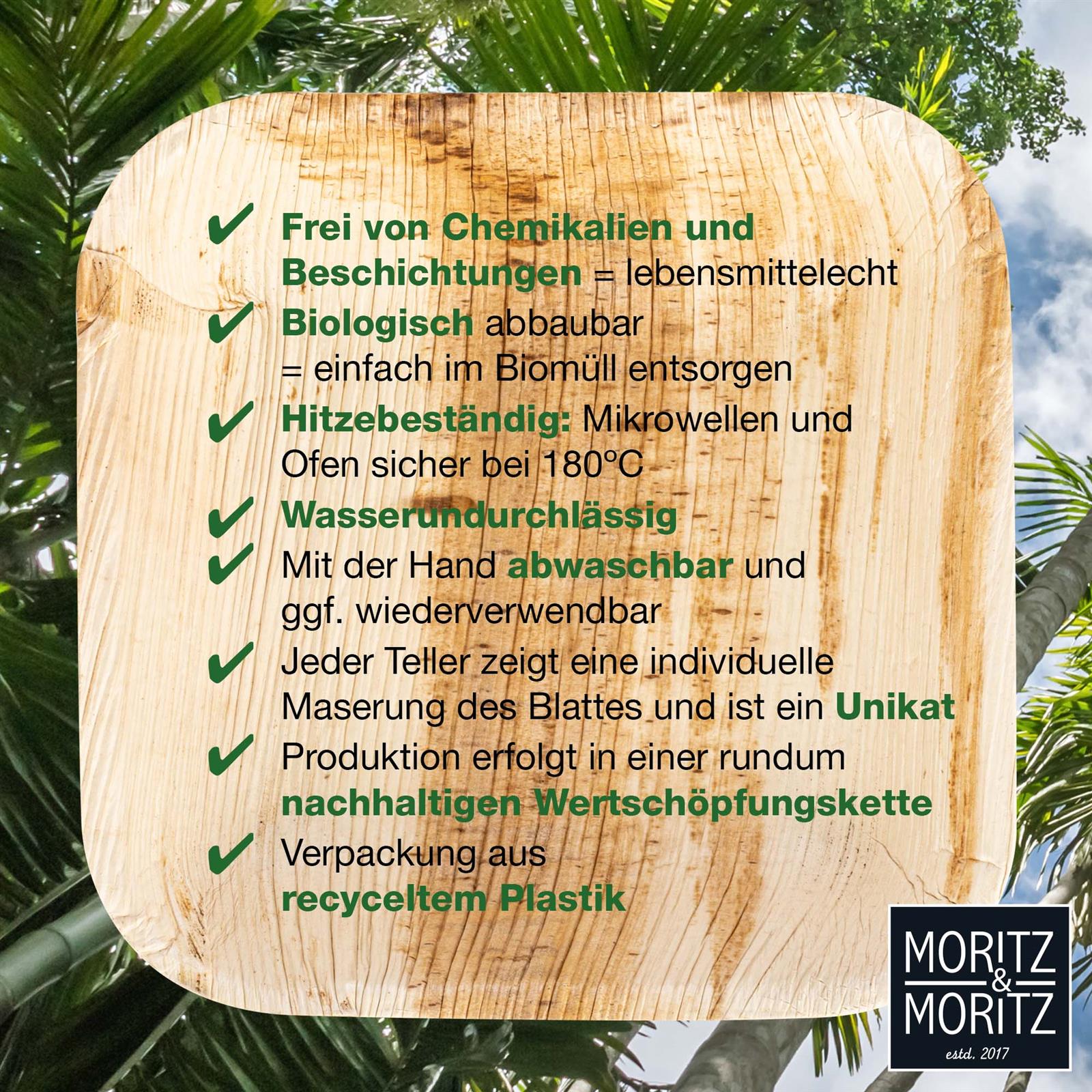 Quadratische Palmblatt-Schale, 15x15 cm, umweltfreundlich und biologisch abbaubar, präsentiert auf weißem Hintergrund