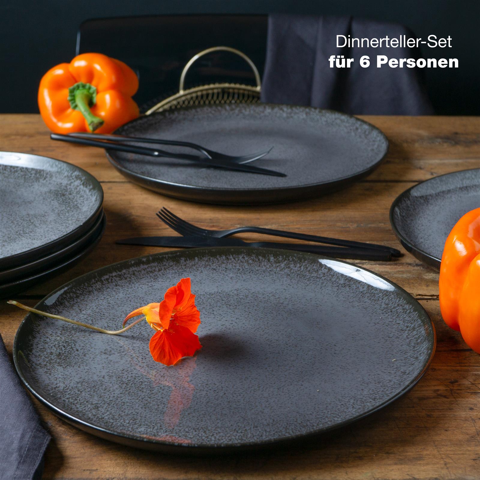 Tellerset in Anthrazit, 6-teiliges Gourmet-Dinnerteller-Set in Anthrazit-Farbe
