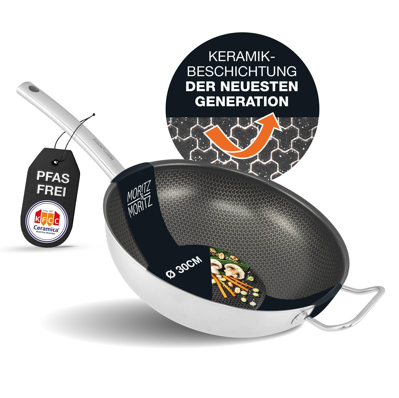 Schwarze Wokpfanne aus Material, 30 cm Durchmesser, ohne Deckel, mit zwei ergonomisch geformten Griffen