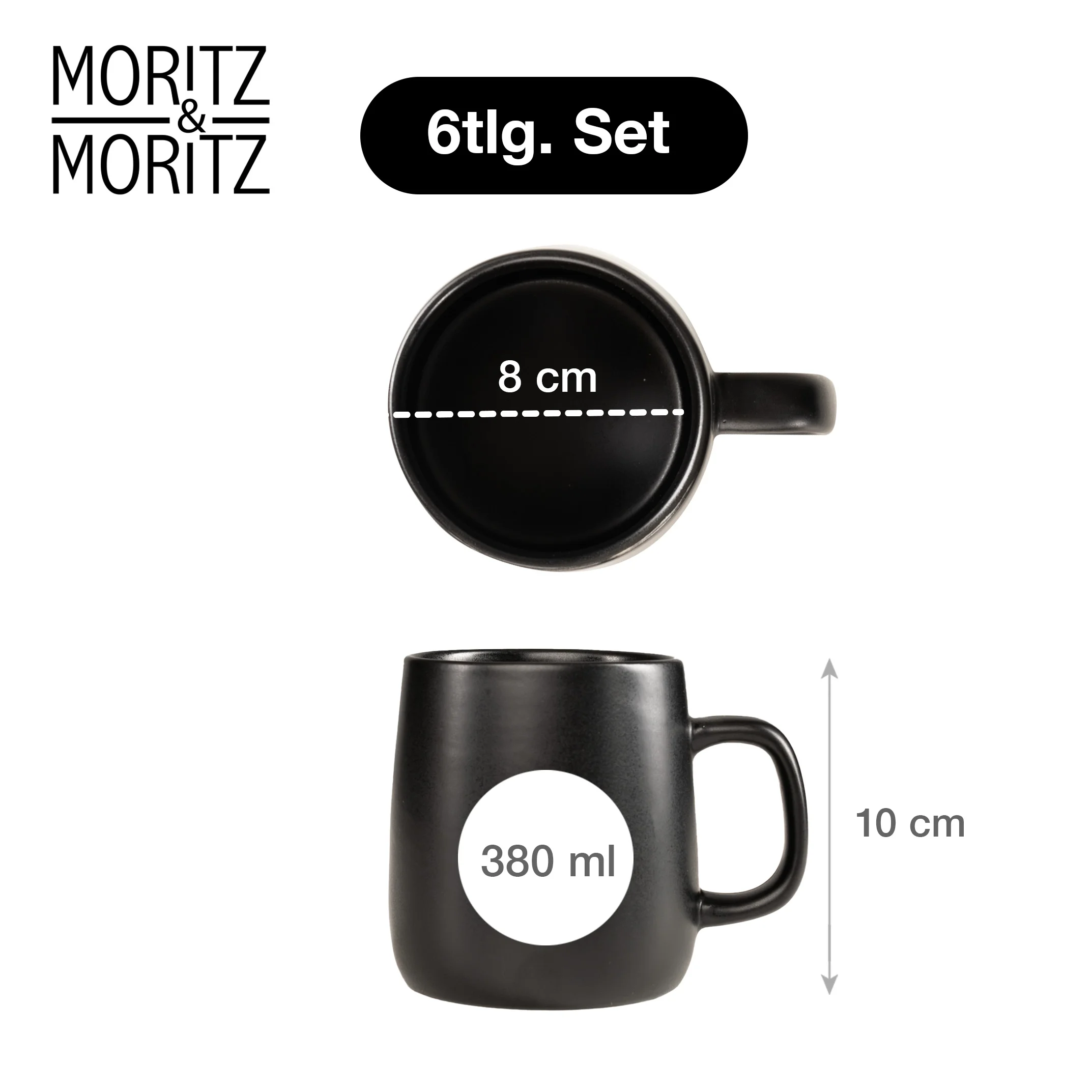VIDA Kaffeebecher Set 6-teilig Schwarz, Einzelteile ausgelegt