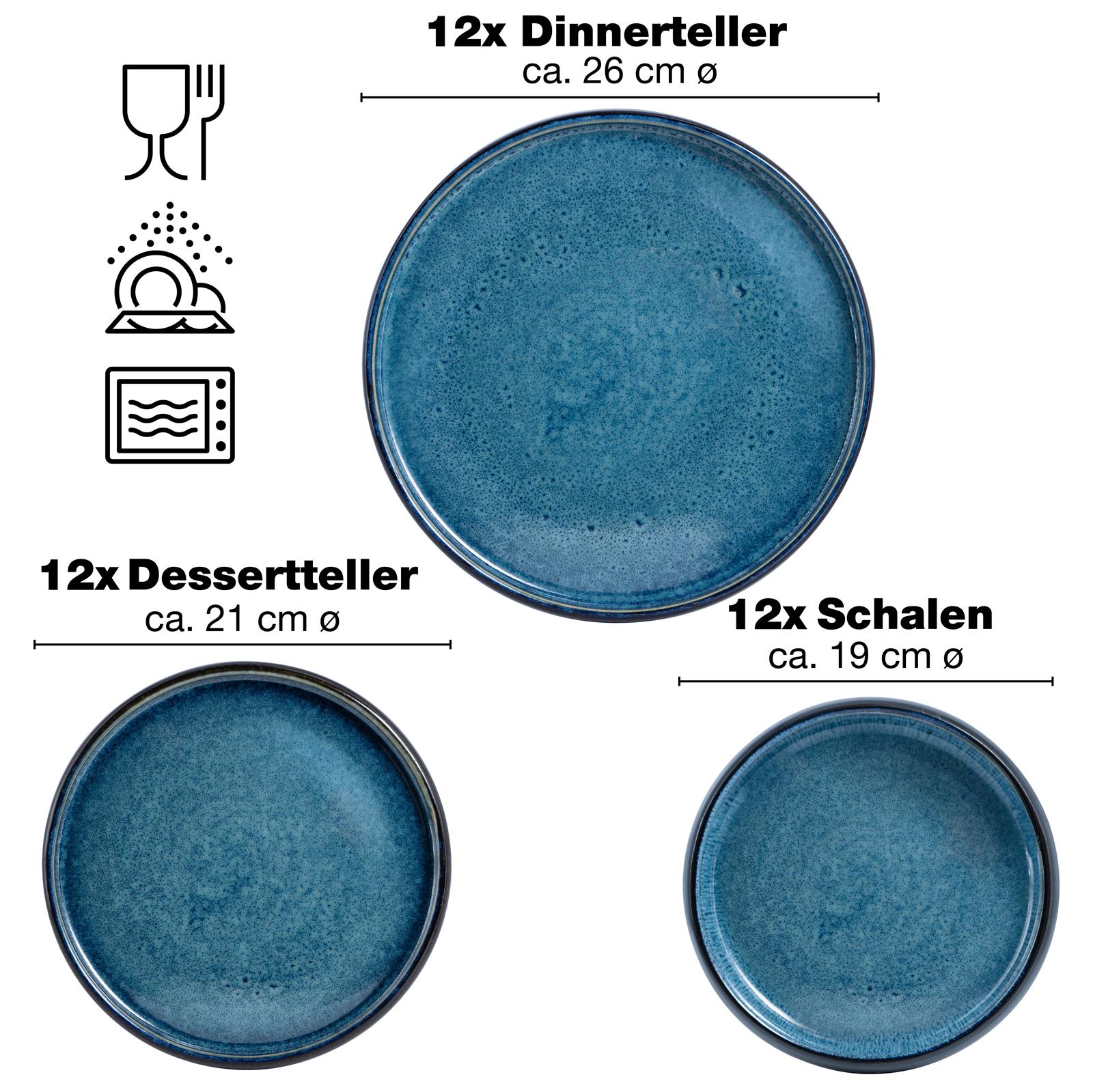 Modernes 16-teiliges Geschirrset in Blau aus Keramik – stilvolles Tafelservice für 4 Personen Blaues Geschirrset aus Keramik bestehend aus flachen und tiefen Tellern sowie Schalen, mit weißem Rand und leicht gesprenkelter Oberfläche, arrangiert auf einem hellen Untergrund.