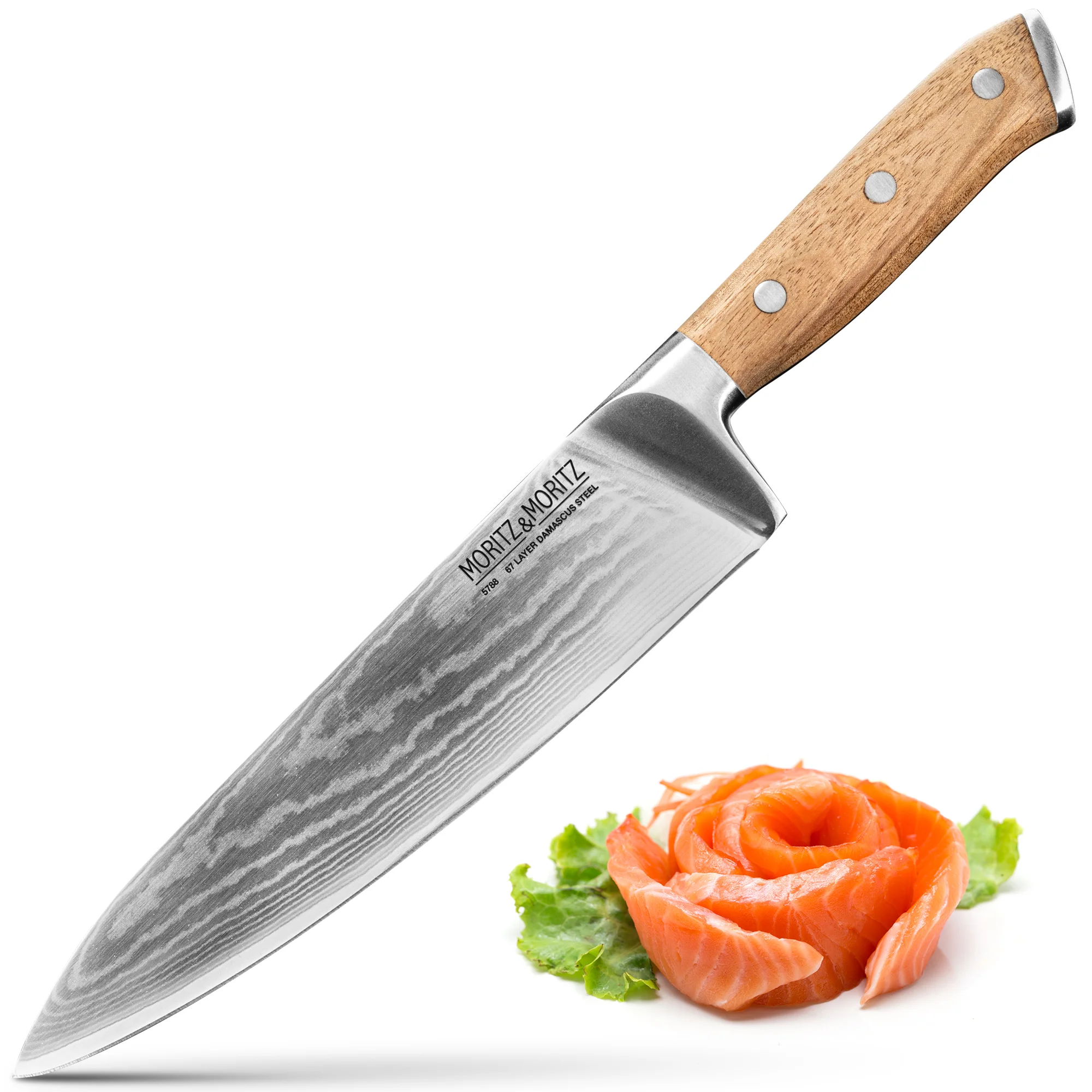 Premium Damast Kochmesser 20cm – Elegantes Design und Hohe Schneidleistung Kochmesser mit 20 cm langer Klinge aus Damaststahl, auf hellem Untergrund liegend; ergonomischer Griff in dunkler Holzoptik, Klingenmuster sichtbar.