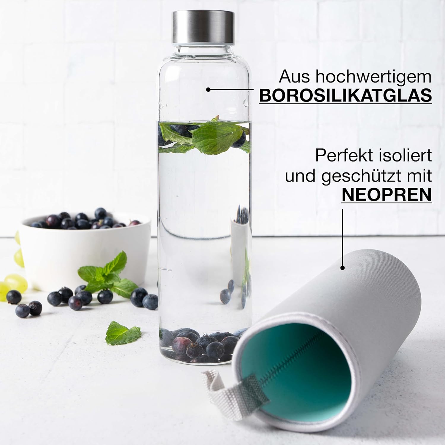 Trinkflasche Glas 500ml (Blau/Grau)