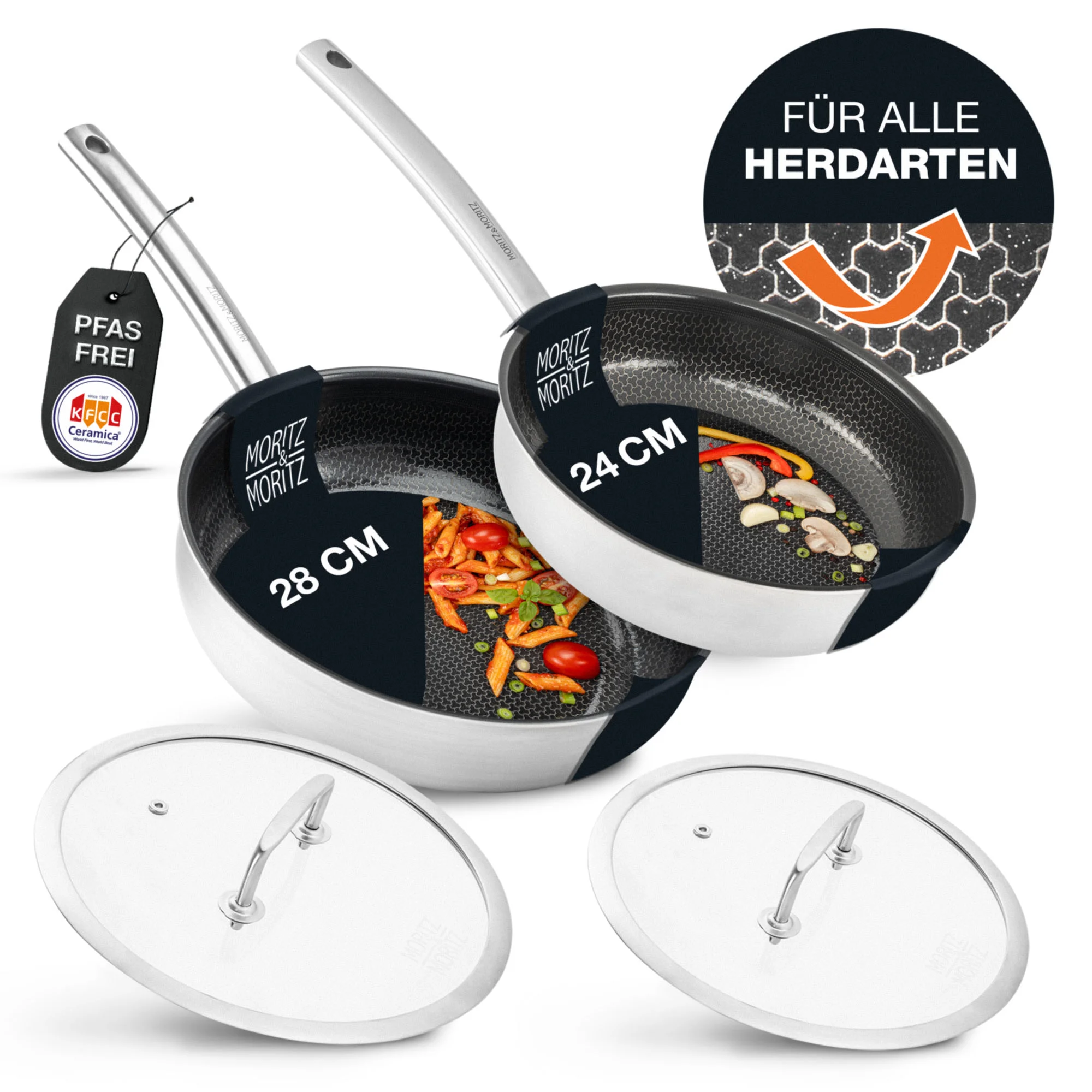 Pfannenset mit Antihaftbeschichtung – 3-teiliges Kochpfannen-Set in modernem Design Pfannenset aus drei schwarzen Pfannen mit ergonomischen Griffen in unterschiedlichen Größen, nebeneinander auf weißem Hintergrund platziert.