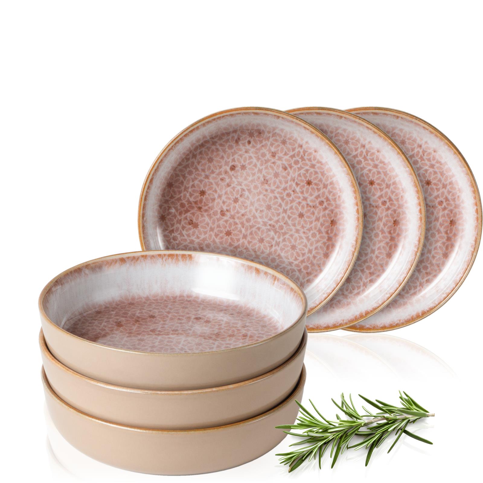 6-teilige rosa mediterrane Suppenteller auf einem Tisch, dekorativ arrangiert und gestaltet
