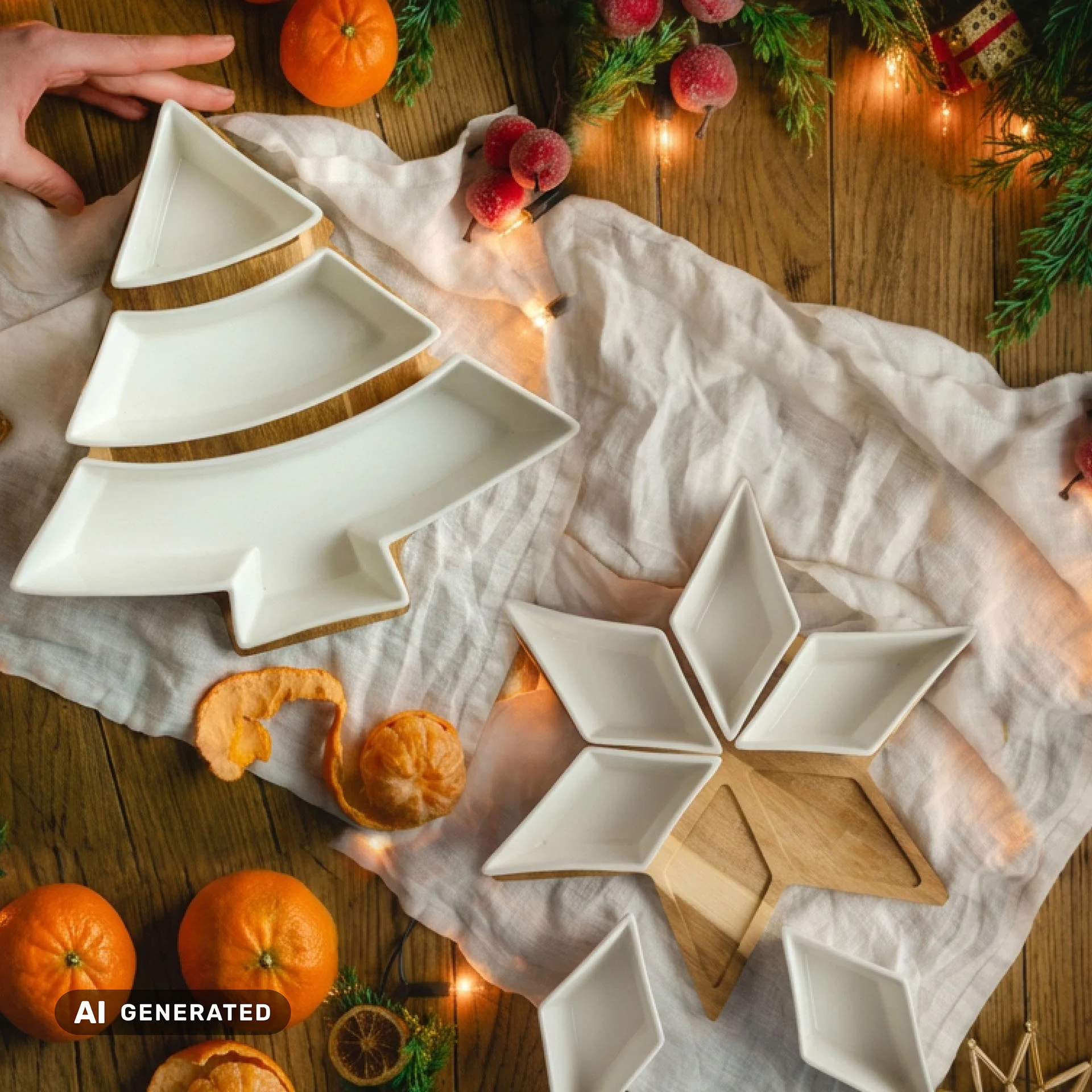 Servierschalen Set Tannenbaum und Servierschalen Set Sterne auf Leinen mit Mandarinen und Tannengrün