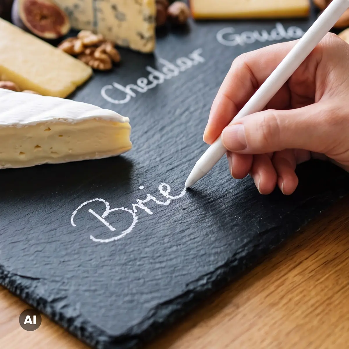 Hand beschriftet eine Schieferplatte mit Kreide neben Brie, Cheddar und Gouda