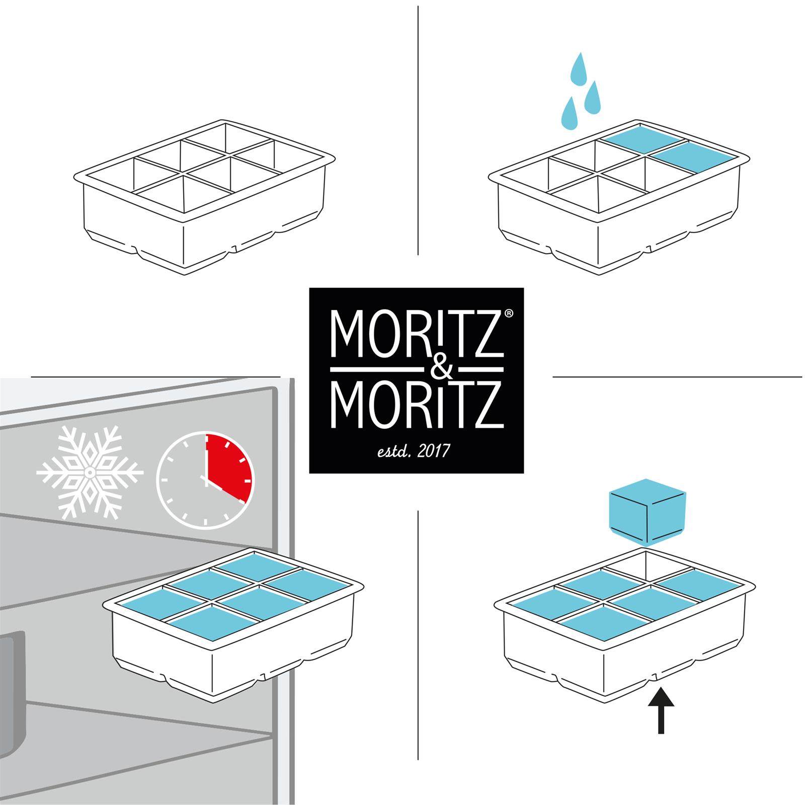 Eiswürfelform Eckig 6 Stück Set – Moritz & Moritz Kitchen Ein Bild von Moritz & Moritz Küche Eiswürfelform, das zwei herkömmliche eckige Silikon-Eiswürfelformen (Set von 6 Stück) auf einem weißen Hintergrund zeigt, ideal für die Herstellung von gleichmäßigen Eiswürfeln.