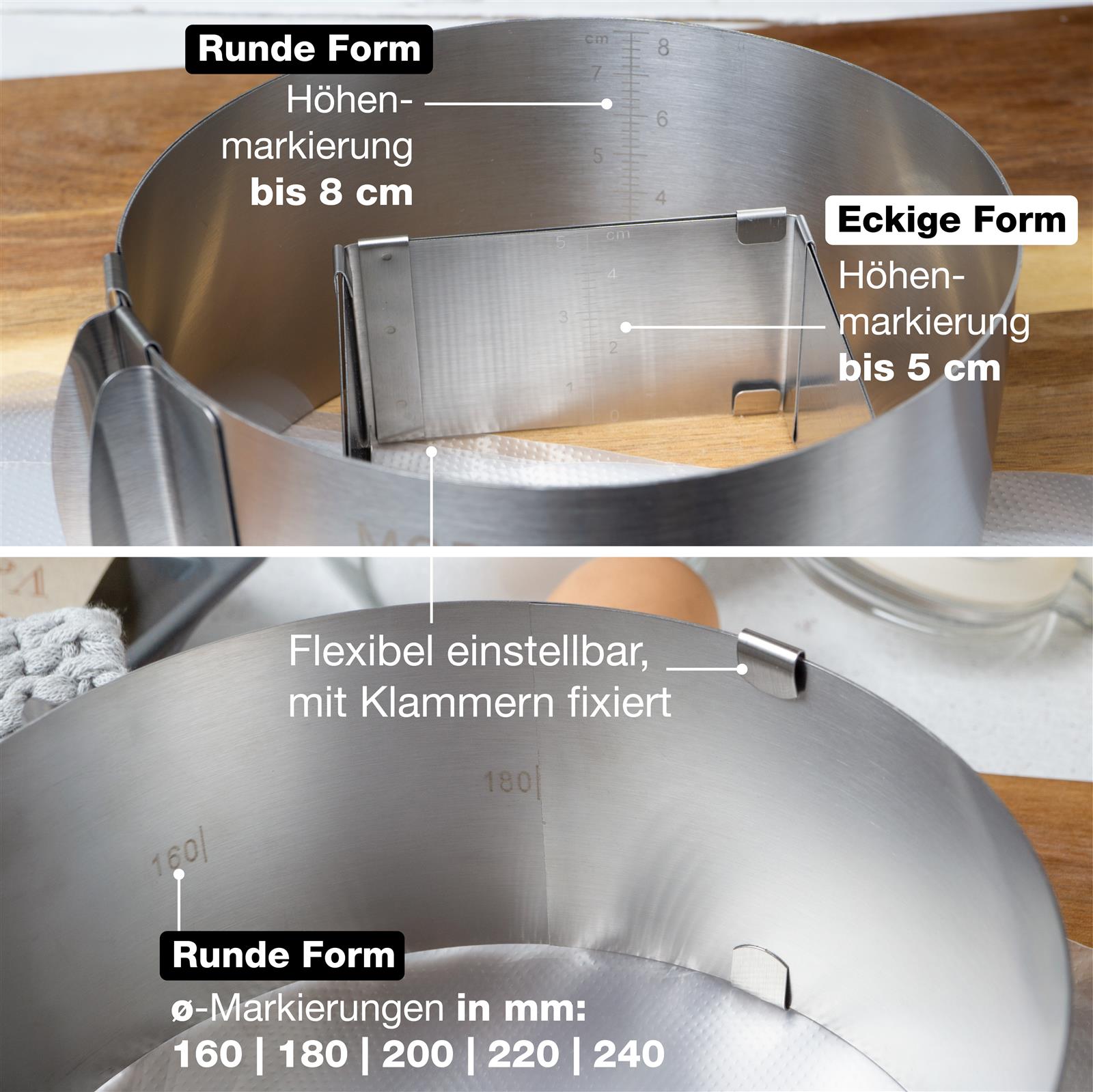 Backrahmen Set mit verstellbarem Edelstahlrahmen und rutschfester Silikonmatte für präzises Backen und gleichmäßige Kuchen, erhältlich bei Moritz & Moritz.