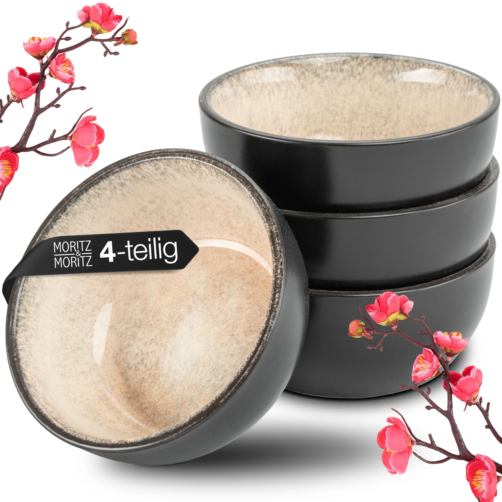 VIDA 4x Miso Schalen beige Asia Geschirr Set, zweiteiliger Edelstahl-Mörser mit Stößel auf weißem Hintergrund, der Mörser