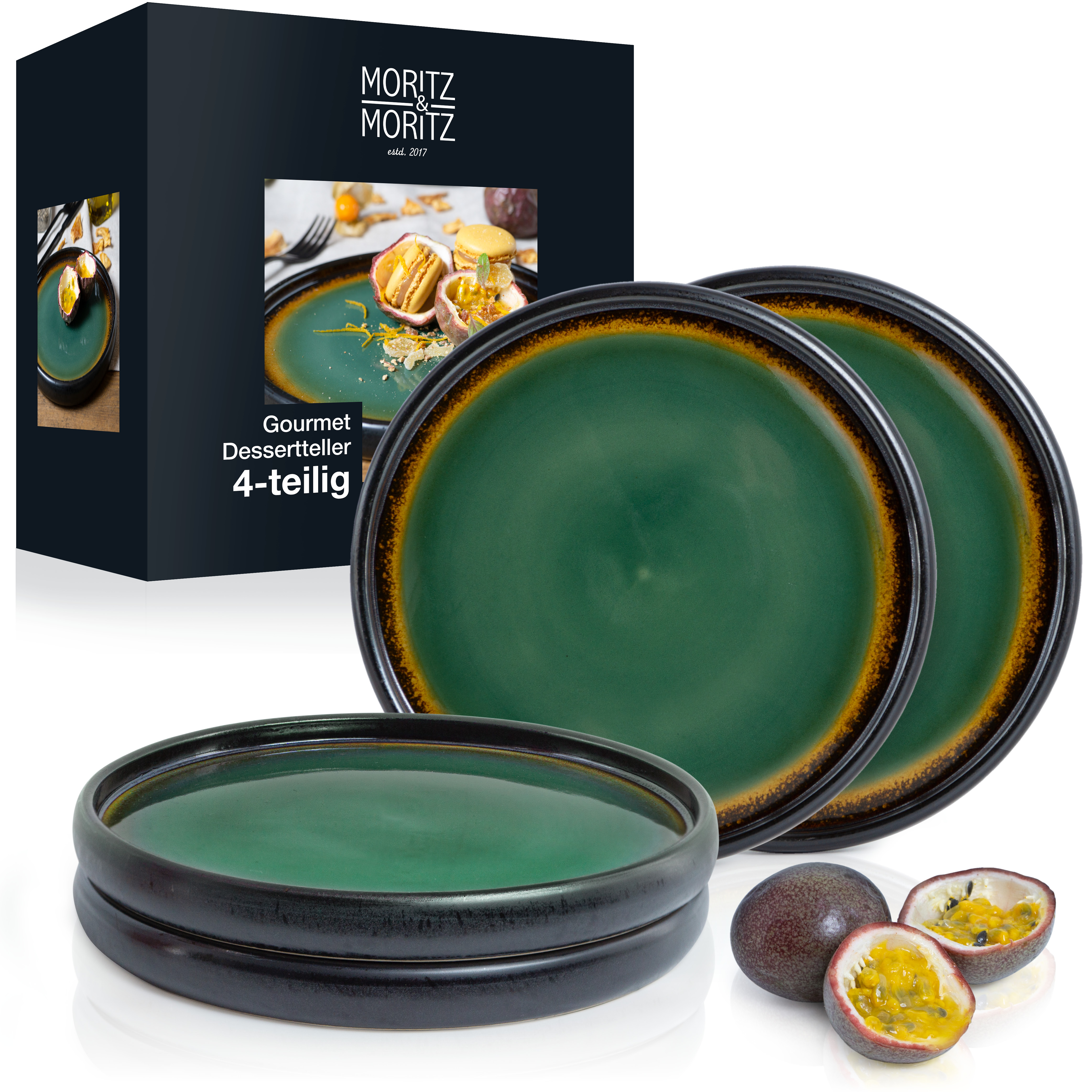 SOLID 4x Dessert Teller grün – Braun Geschirr Set Reaktiv, vor weißem Hintergrund