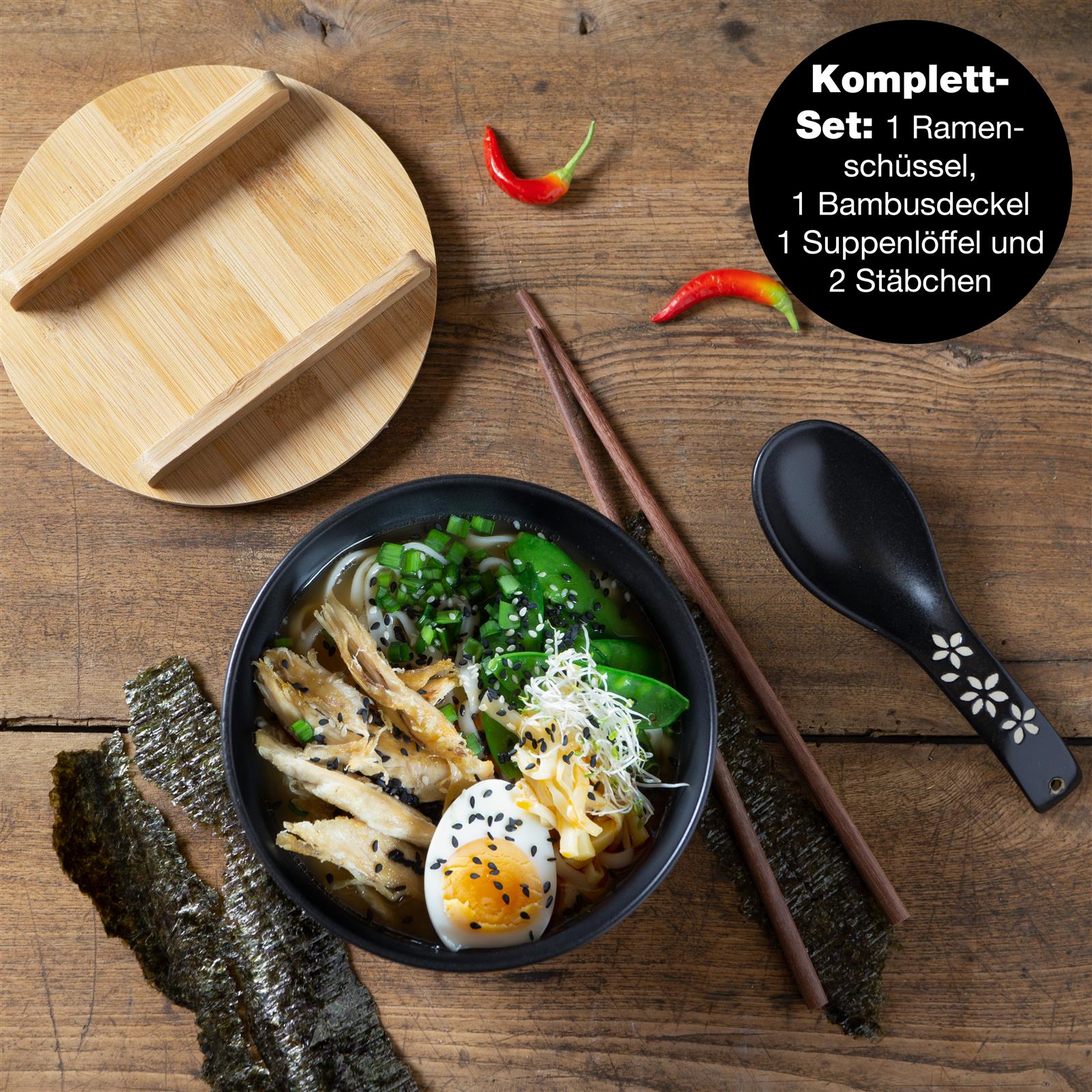 Ramenschale, Gourmet-Ramen-Schale mit kunstvollem Blumendesign auf dem Deckel