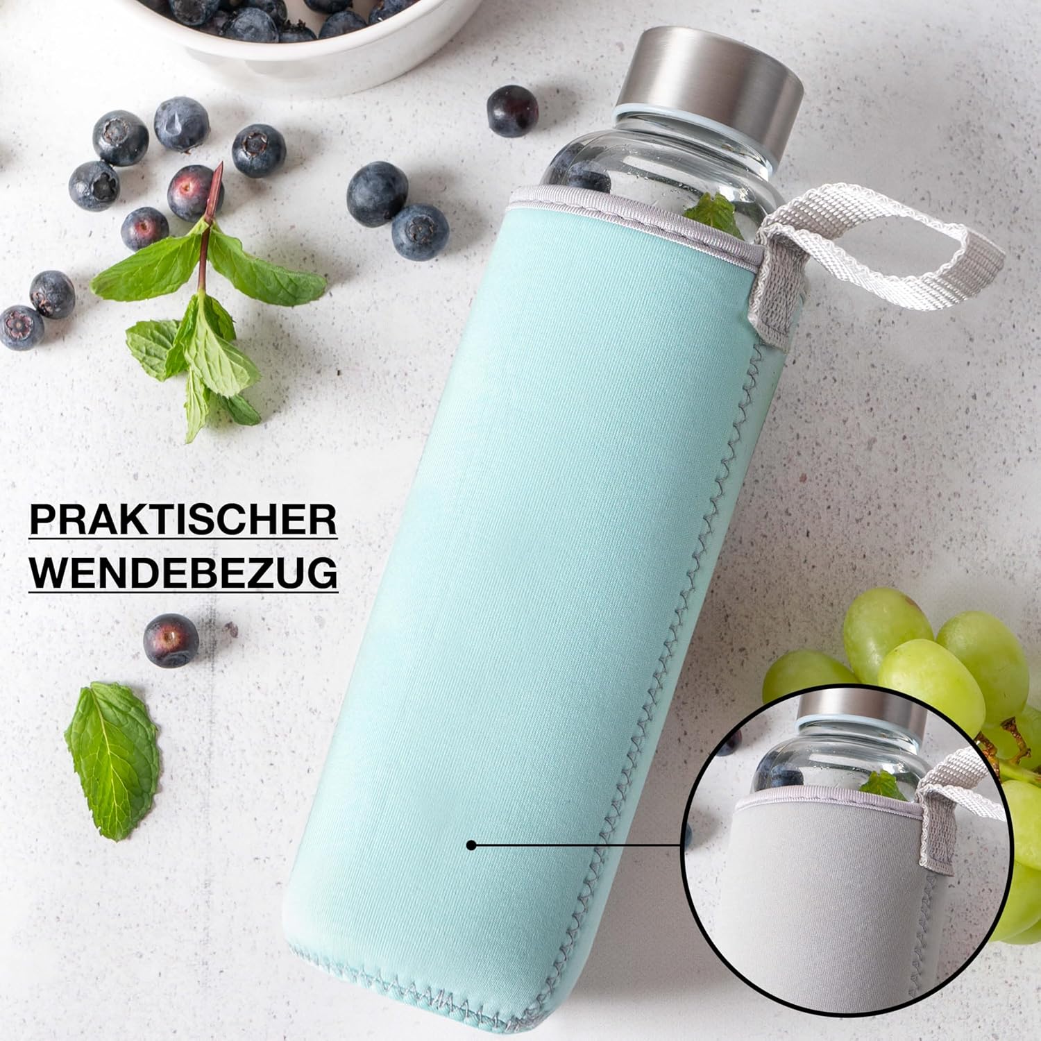 Trinkflasche Glas 500ml (Blau/Grau)