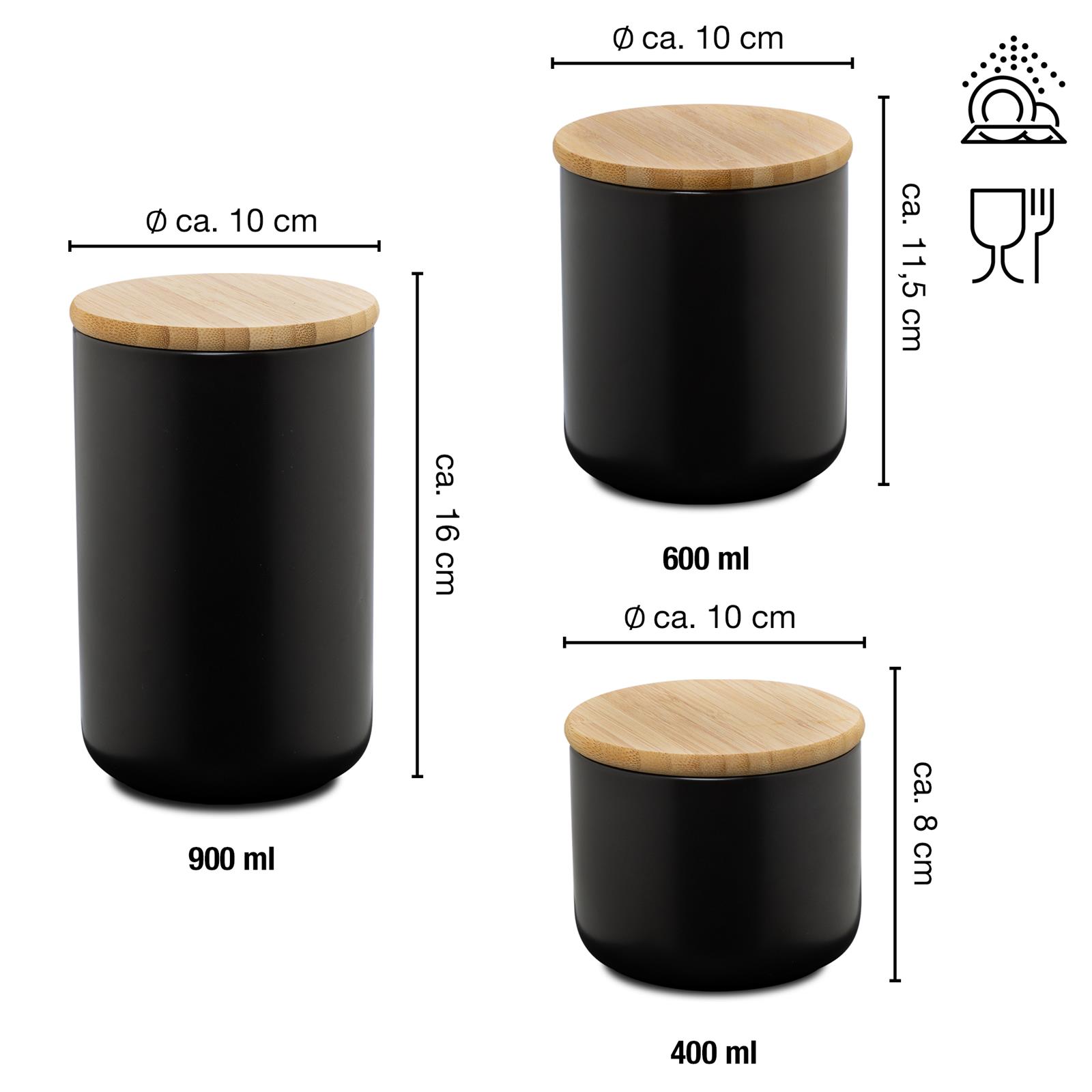 Keramik Aufbewahrungsbecher 3er Set mit Holzdeckel – Küche stilvoll organisieren Dreiteiliges Set aus zylindrischen Aufbewahrungsbechern aus cremefarbener Keramik mit passenden Holzdeckeln, nebeneinander auf einer Arbeitsplatte arrangiert.
