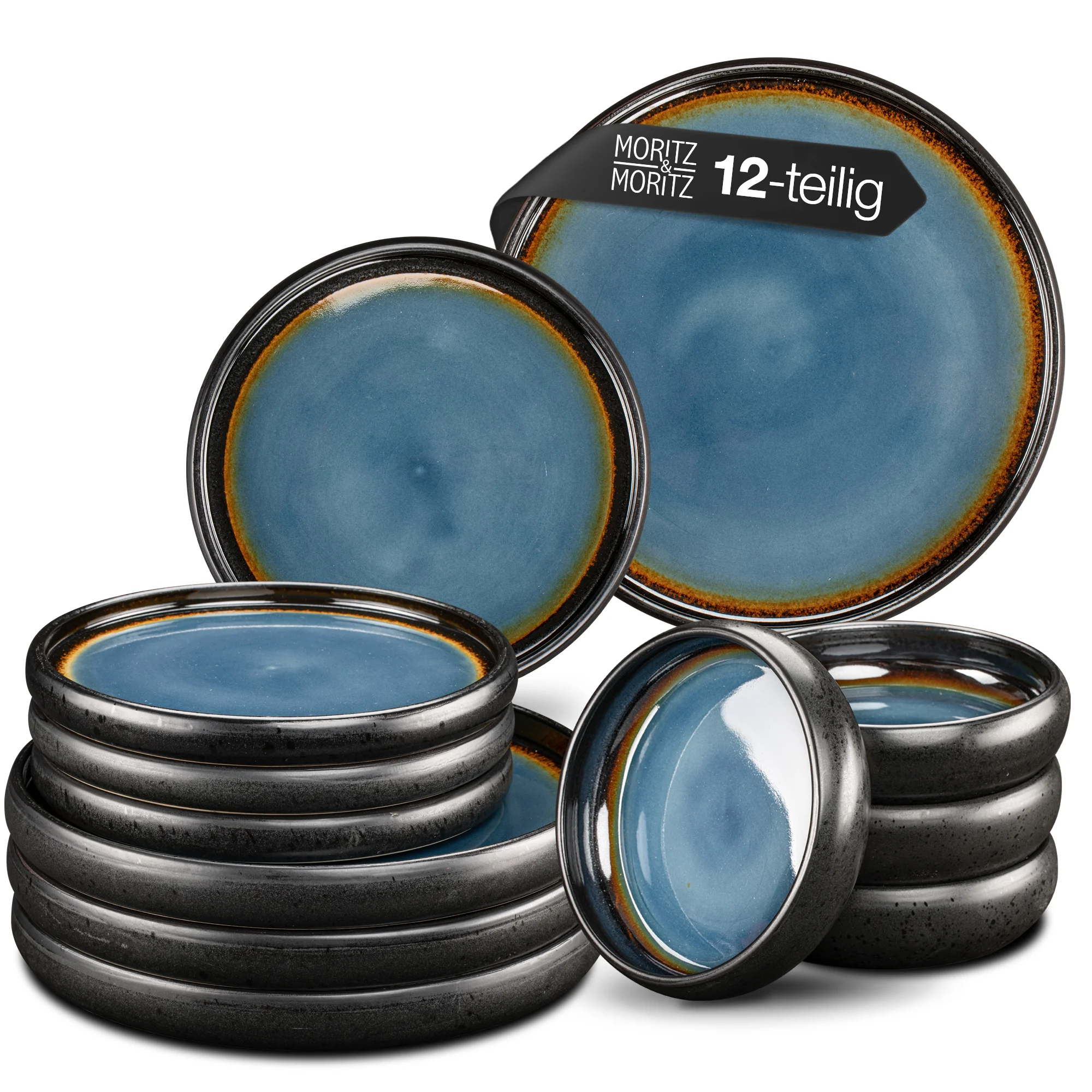 SOLID 12tlg  Geschirr Set Blau-Braun für 4 Personen