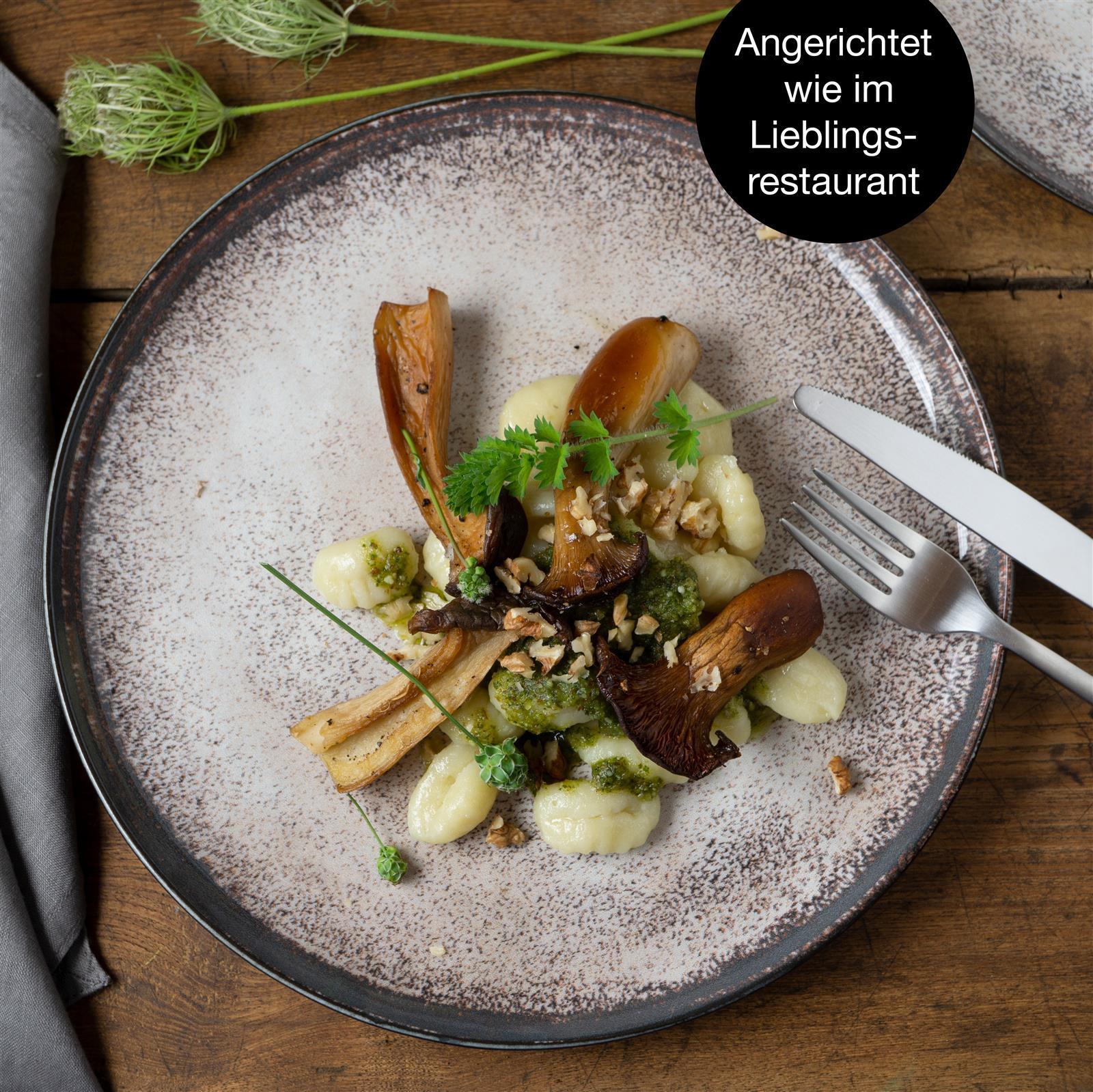 Sechsteiliges Gourmet-Dinnerteller-Set in Beige, bestehend aus runden, glatten Speisetellern mit leichtem Glanz