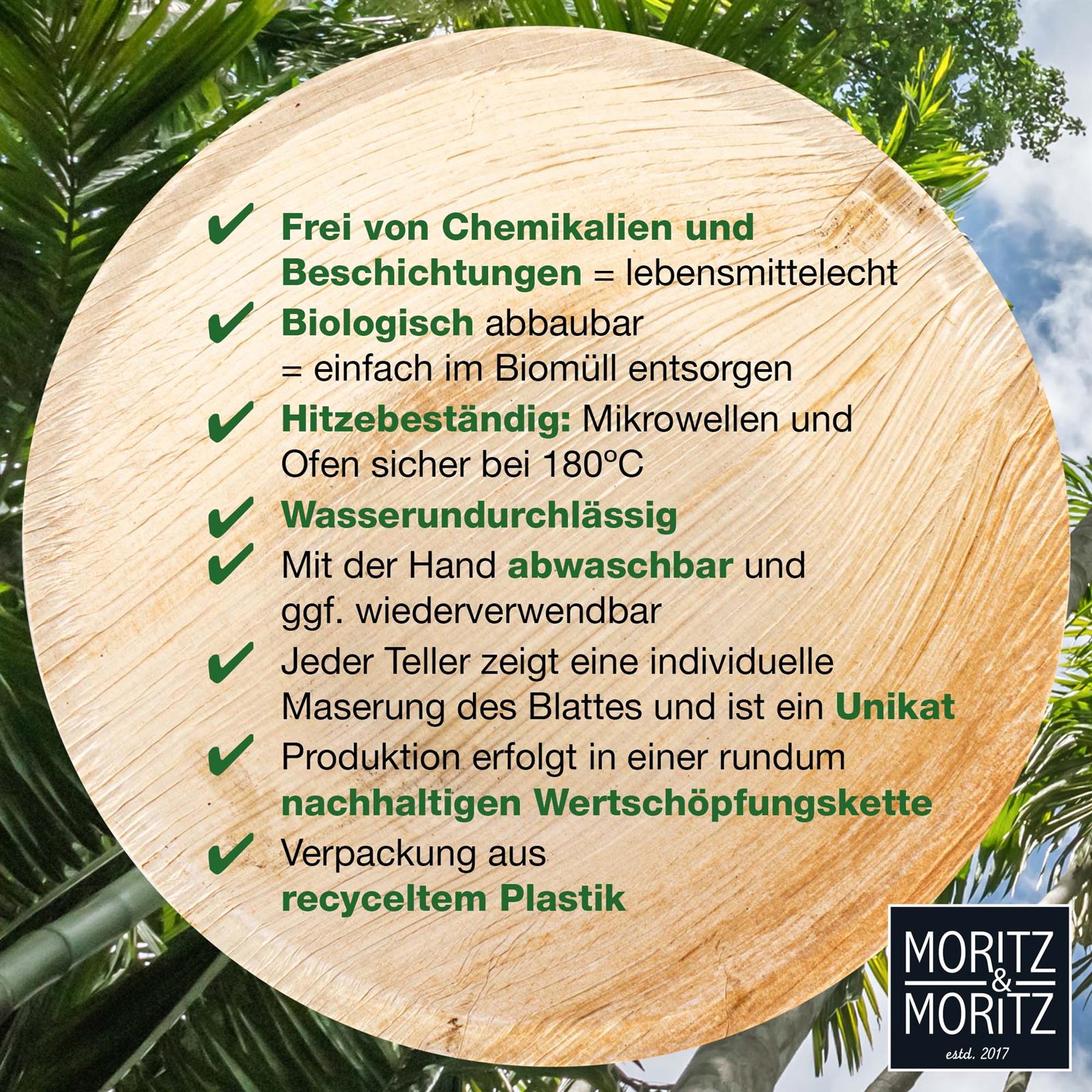 Palmblattteller, 25x runde Palmblattschalen, ø 15 cm, umweltfreundliches Einweggeschirr, nachhaltige Alternativen zu Plastik