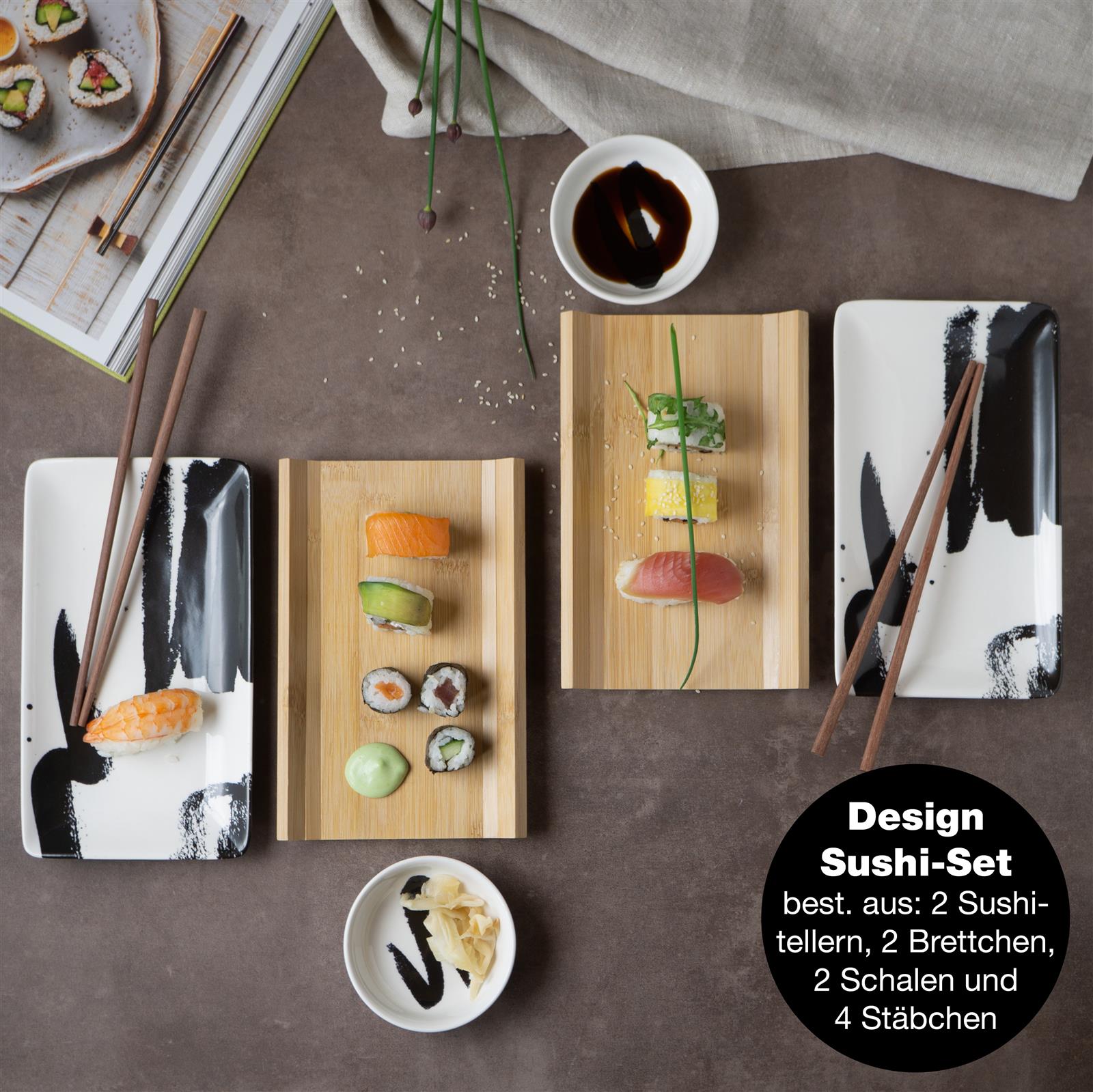 Sechsteiliges Gourmet-Sushiset mit schwarzem Pinselstrich-Design auf weißem Hintergrund, bestehend aus stilvollen Schalen und Essstäbchen – perfektes Set für stilvolles Servieren von Sushi.