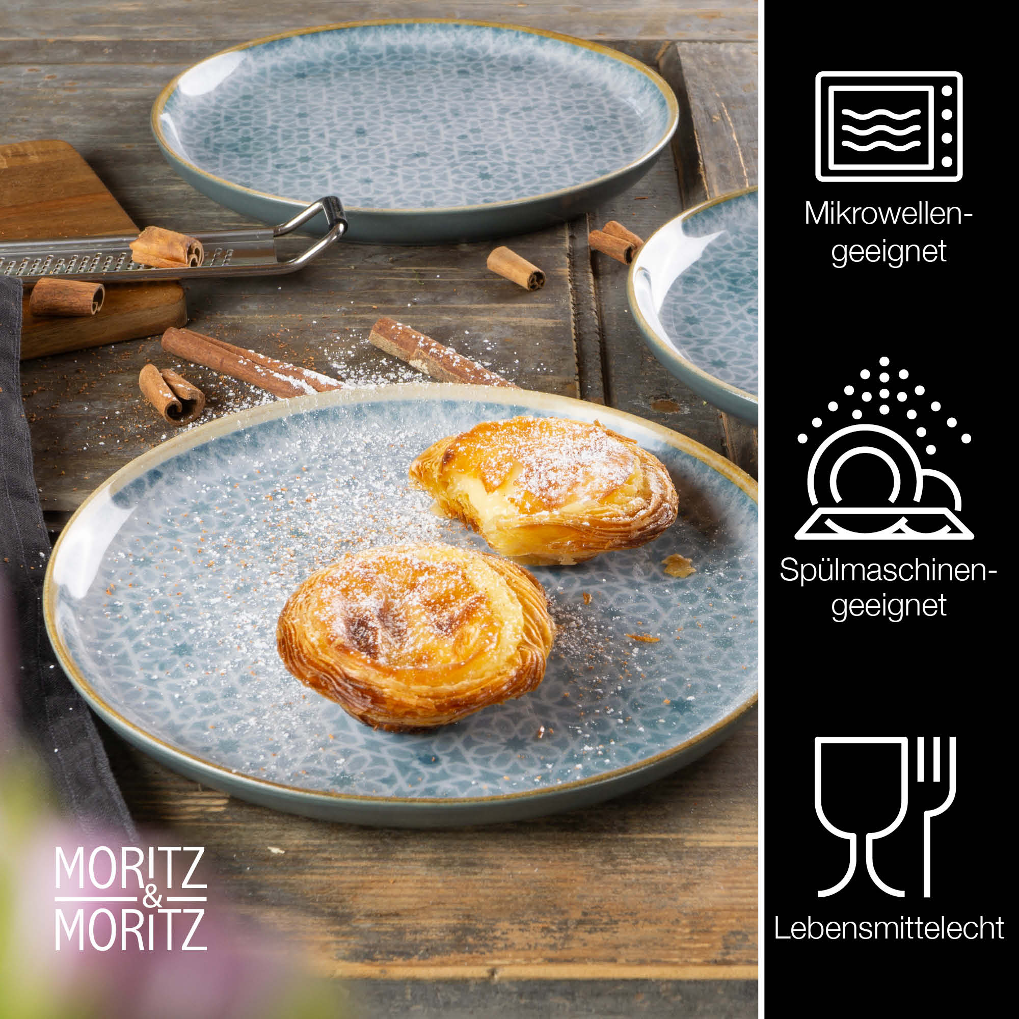 6-tlg. Dessertteller Set Mediterran Blau, Bild mit Stapel von blauen Desserttellern im mediterranen Design