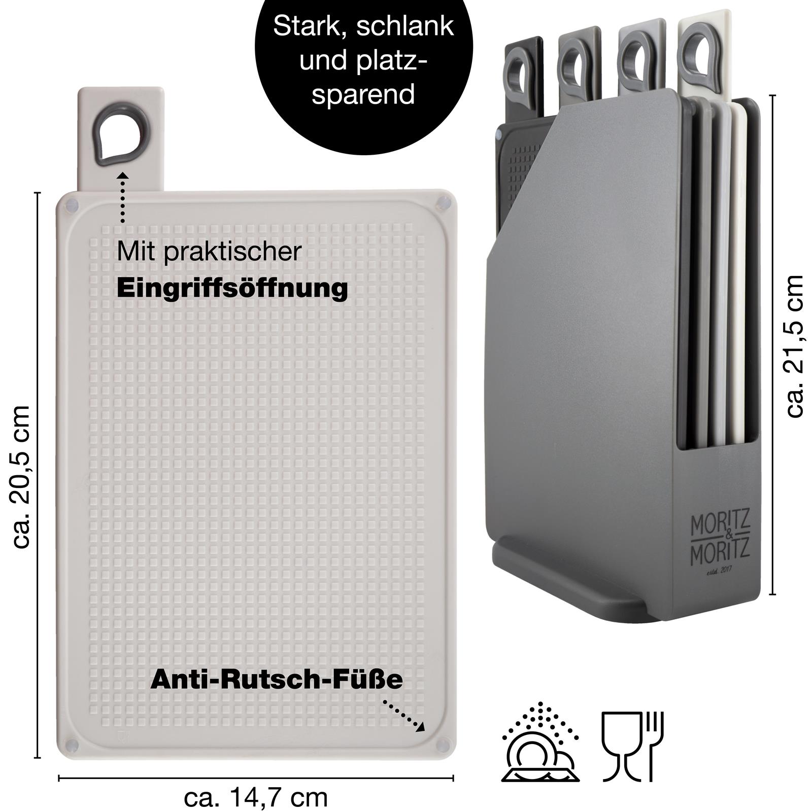 Ein stilvoller dunkler Holzständer für Schneidebretter, der mehrere Bretter organisiert und platzsparend aufbewahrt. Ideal für eine moderne Kücheneinrichtung.