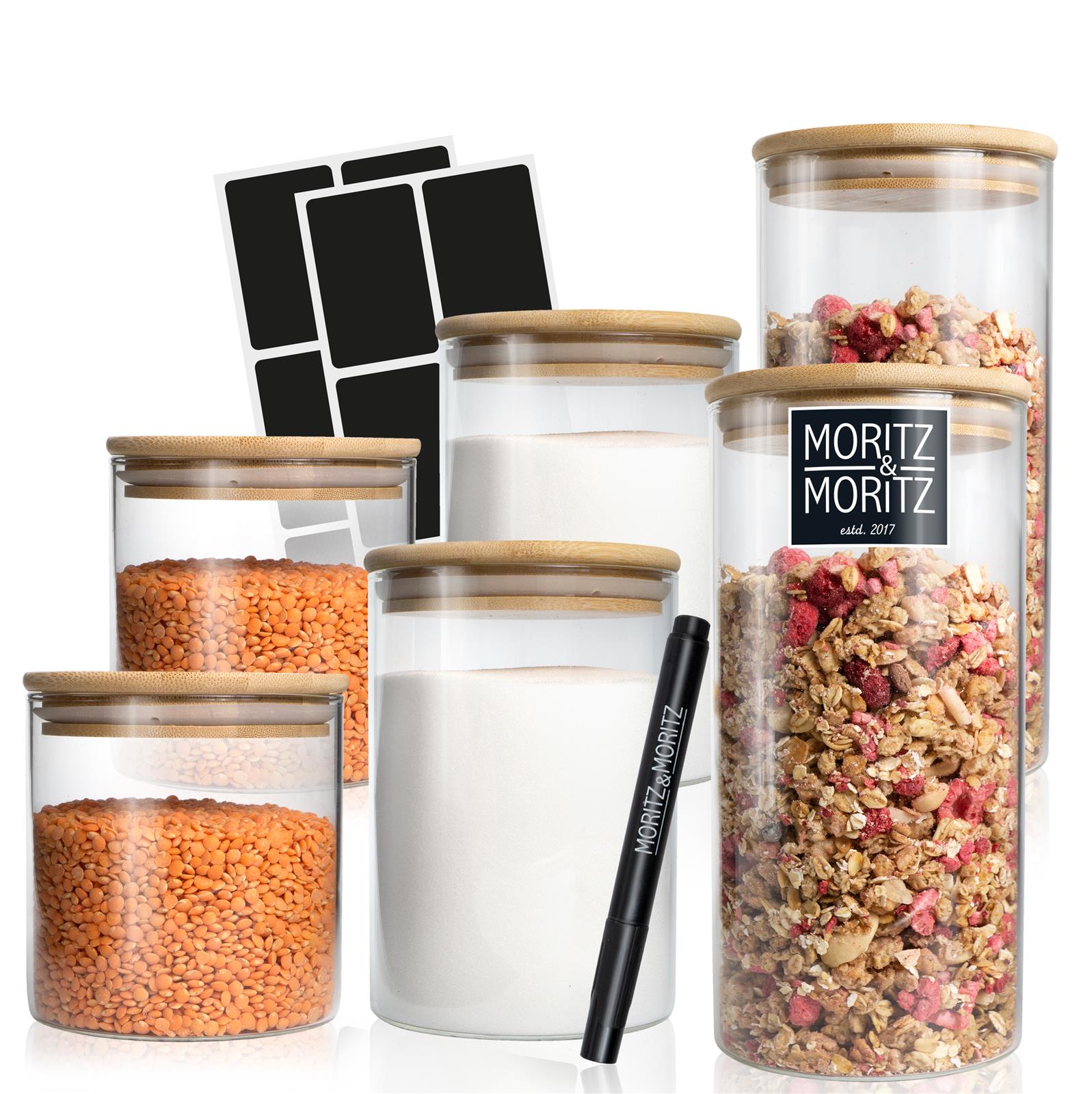6x Vorratsgläser inkl. Tafelsticker – 500ml, 750ml, 1500ml, 6-teiliges Vorratsgläser-Set mit luftdichten Deckeln