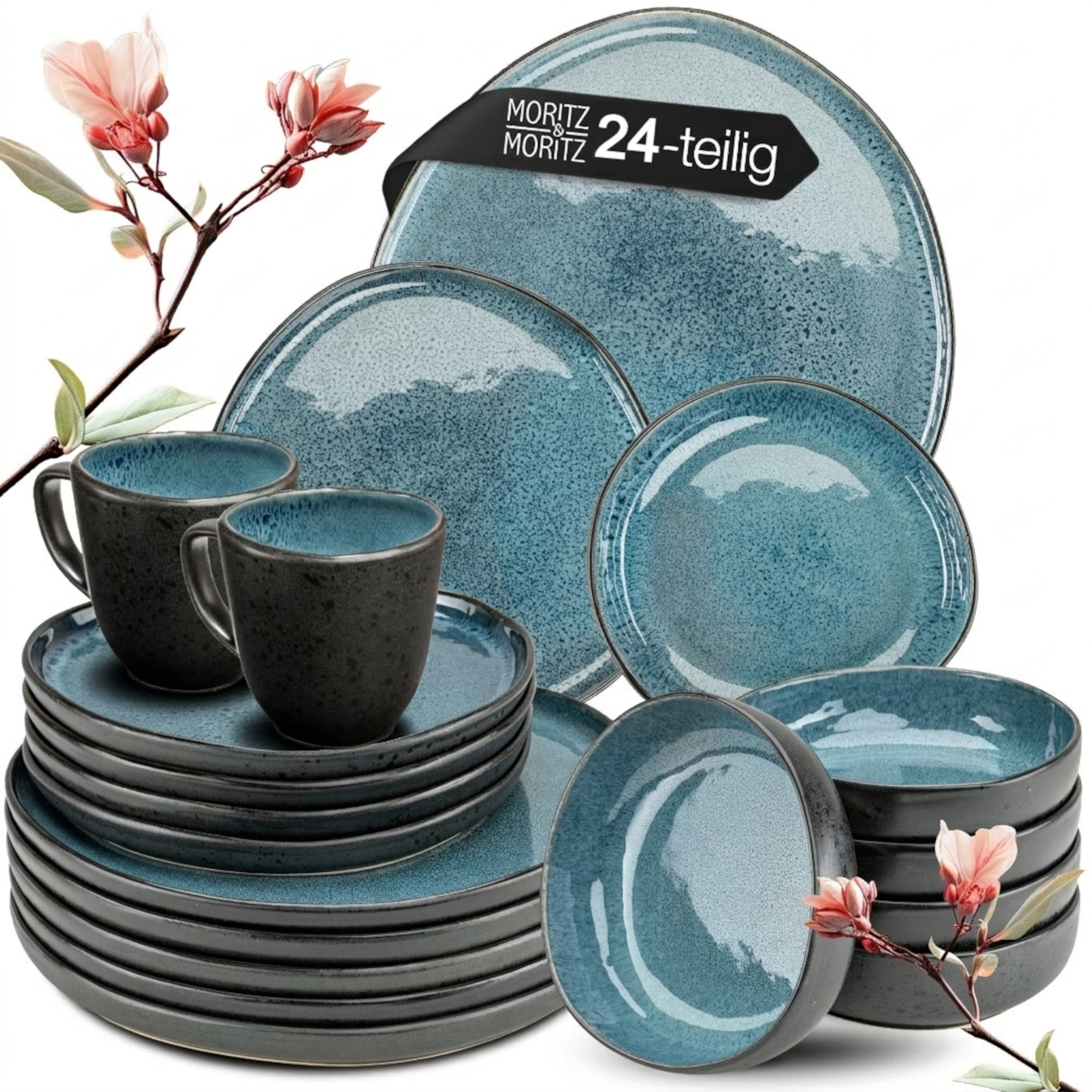 ORGANIC 24-teilig Geschirrset mit Tassen Blau, vor weißem Hintergrund