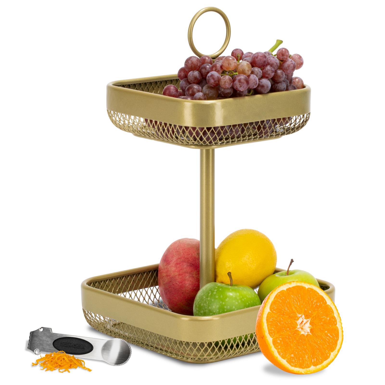 Obstkorb Etagere eckig 2 – stufig, prächtiger Weihnachtsbaum geschmückt mit glänzenden goldenen Kugeln und funkelnden