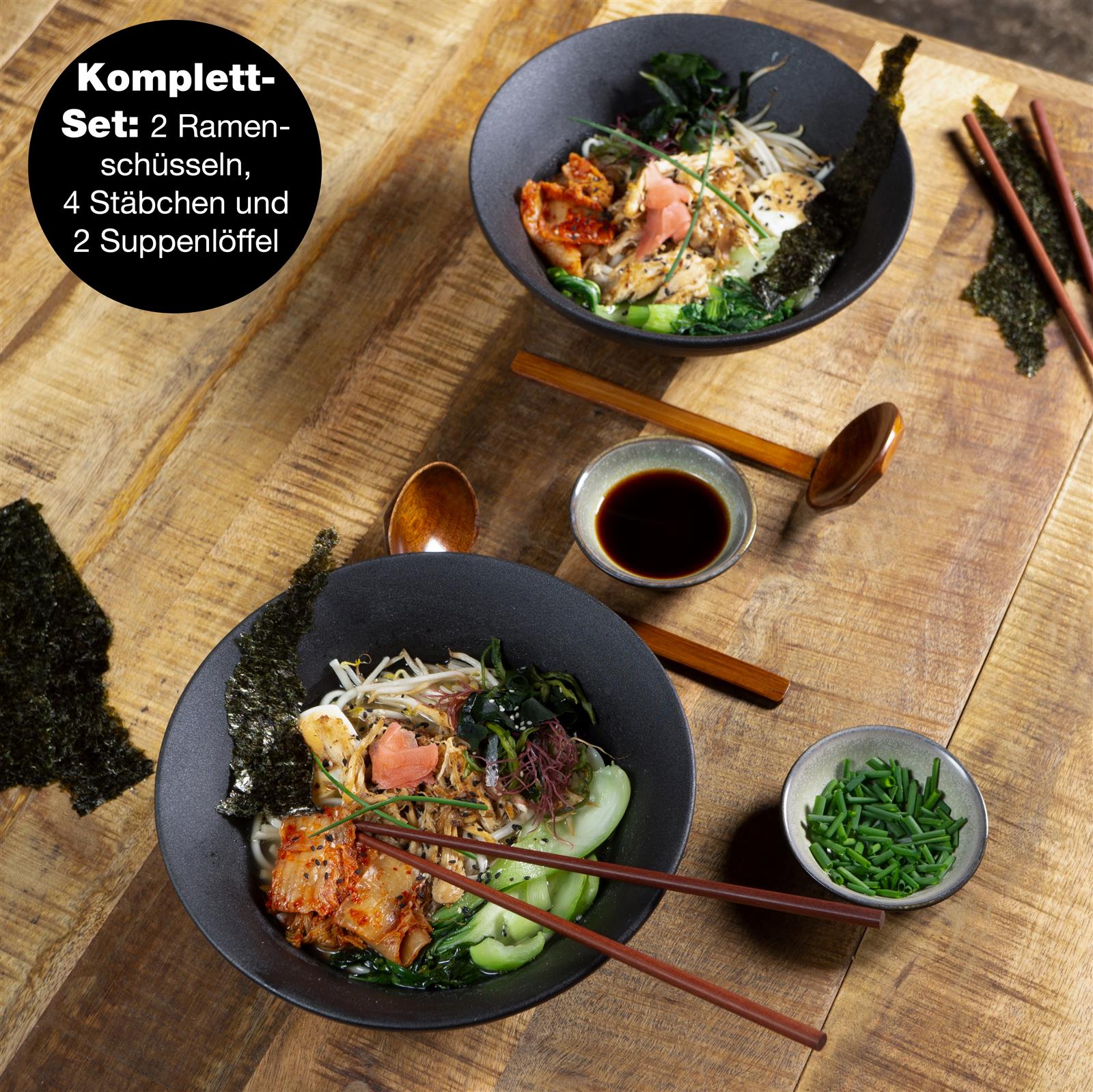 Ramenschale in Schwarz, Seo-optimierter Alternative Text: Gourmet Ramen Schüssel Set in Schwarz