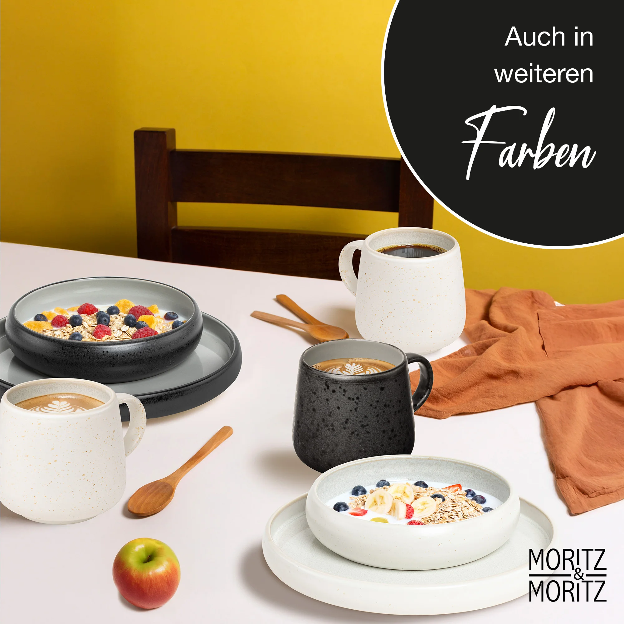 SOLID UNI Kaffee Tassen Set 6-teilig Creme, schwarzes Schneidebrett aus Schiefer mit abgerundeten Ecken