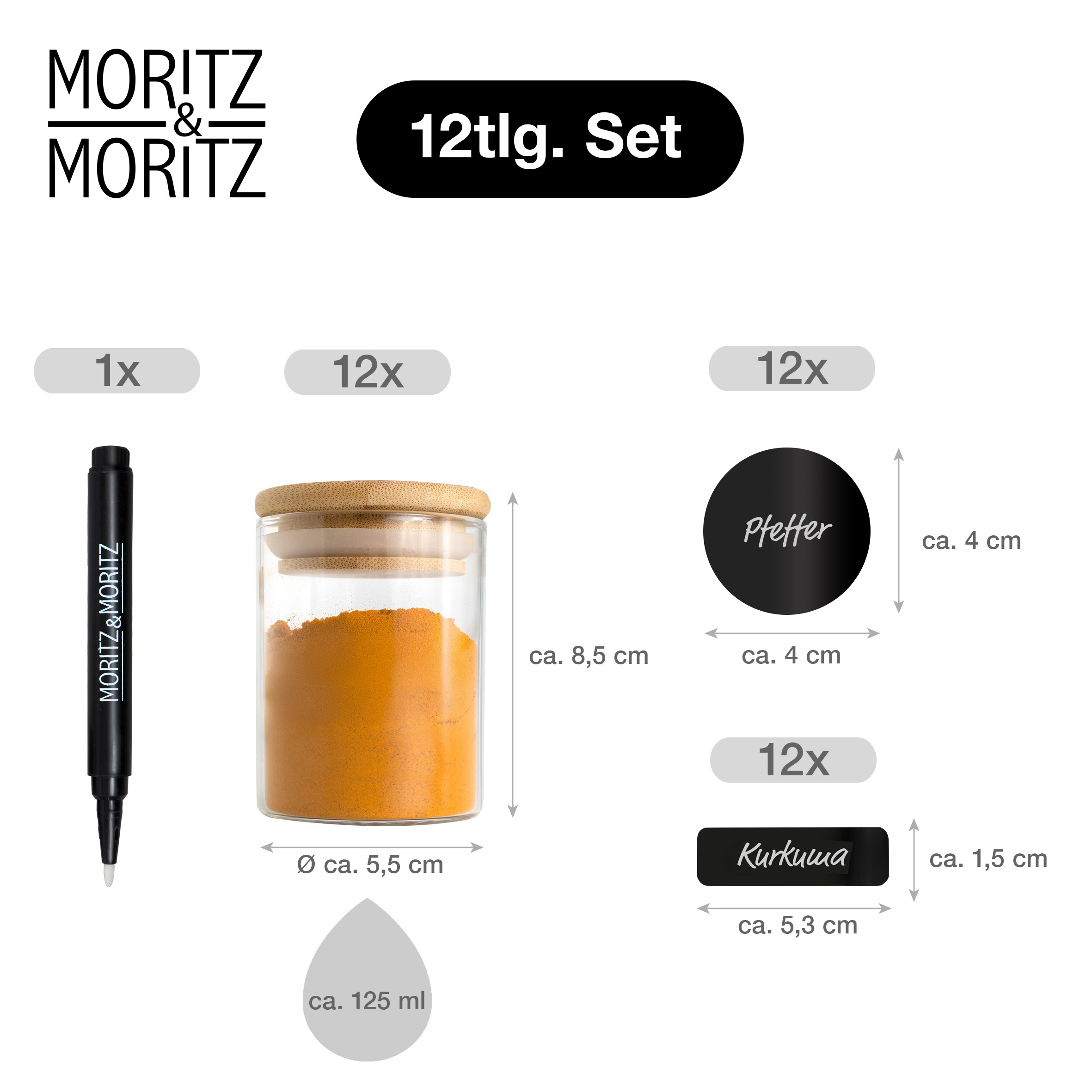 Gewürzgläser mit Bambusdeckel, 12-teilig, je 125 ml, mit Tafelstickern und Kreidestift