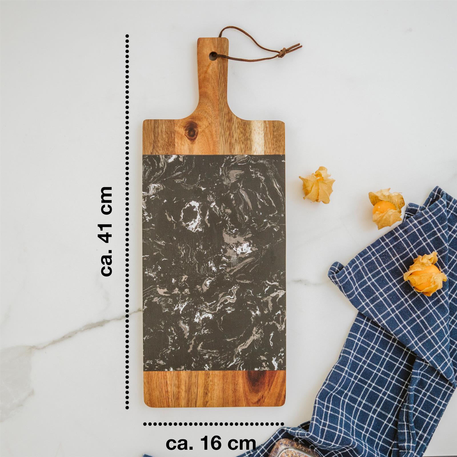 Holzbrett aus Akazie in der Größe 41x16x1,6 cm kombiniert mit schwarzem Marmor