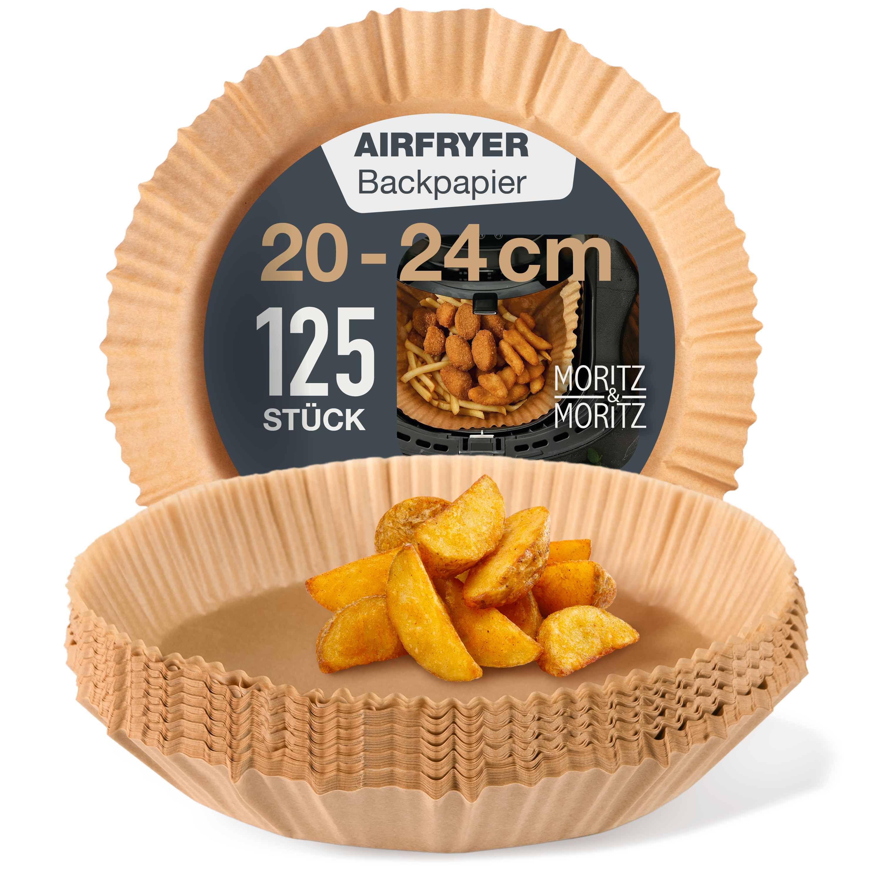 Airfryer Backpapier Rund Ø 20 cm (unten 20 cm, oben 24 cm), vor weißem Hintergrund