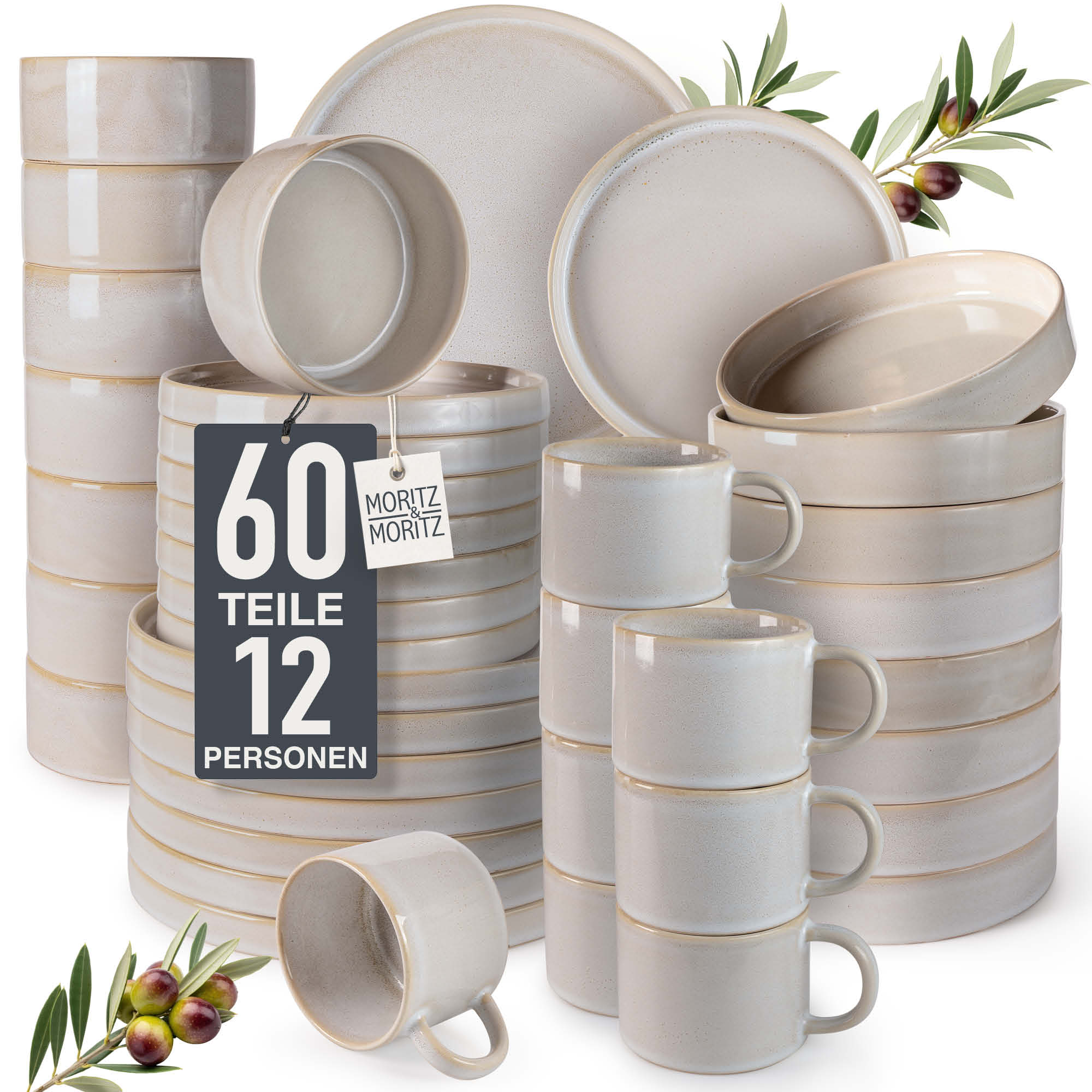 CASTELLO 60-teilig Geschirr Set Beige, vor weißem Hintergrund