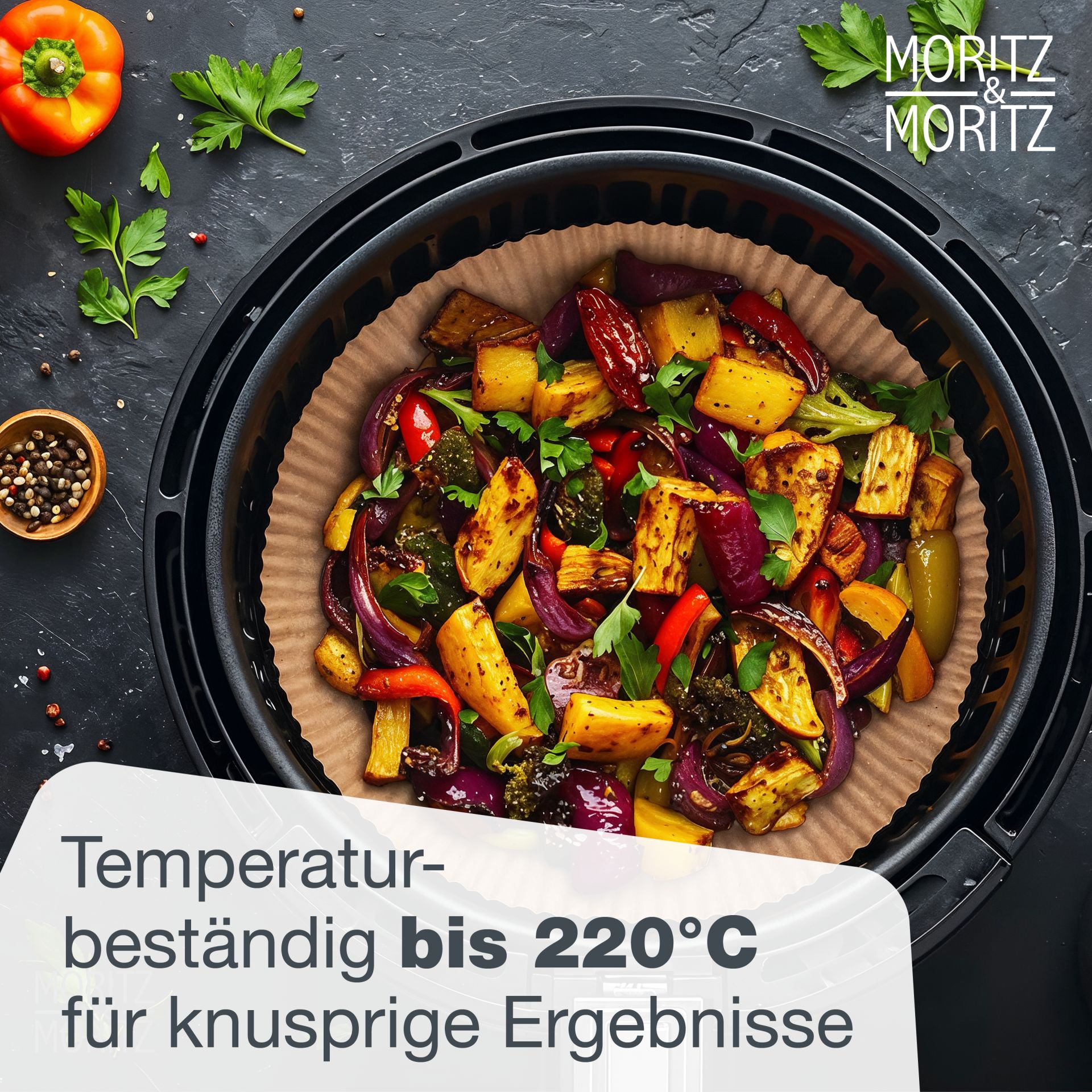 Moritz & Moritz Airfryer-Backpapier mit Pommes im Heißluftfritteuse-Korb